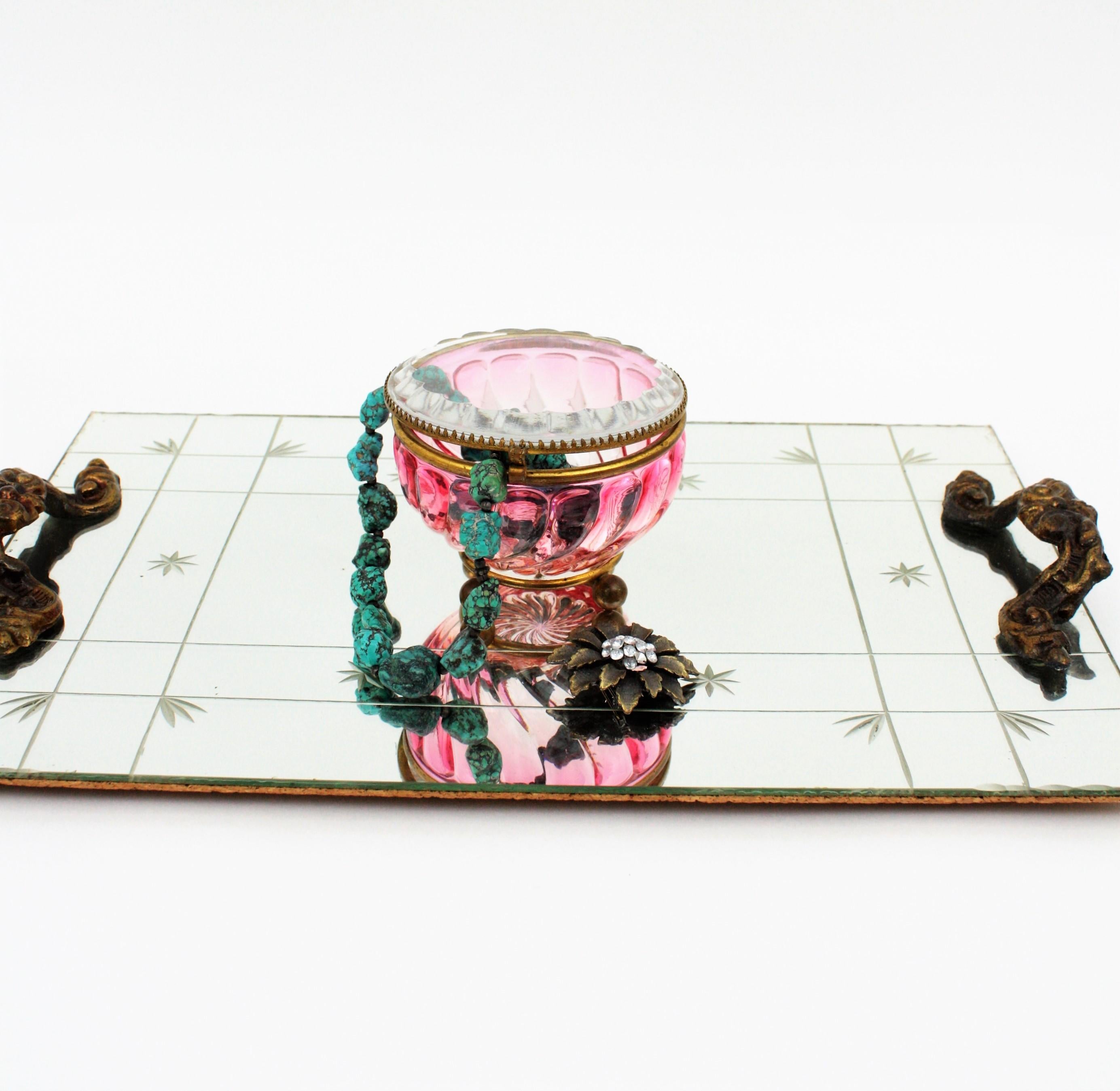 French Baccarat Pink Amberina Swirl Bamboo Crystal and Brass Jewelry Box 1