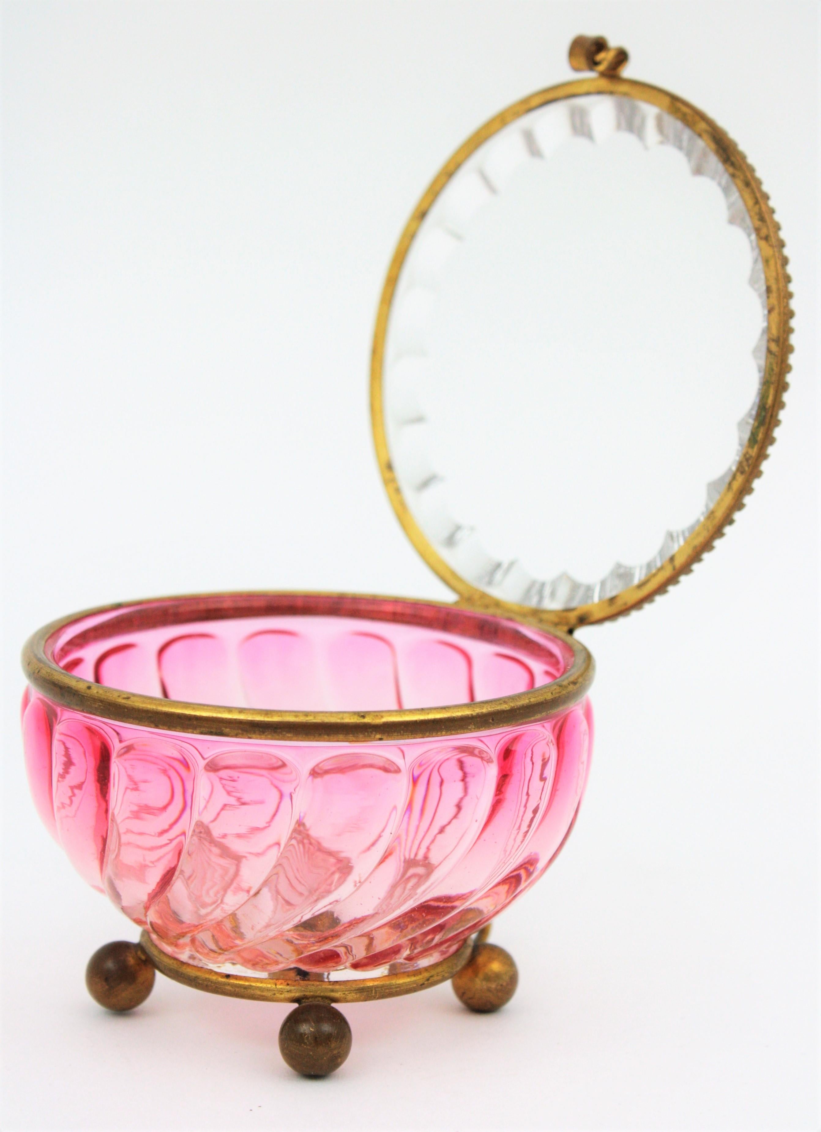 French Baccarat Pink Amberina Swirl Bamboo Crystal and Brass Jewelry Box 3