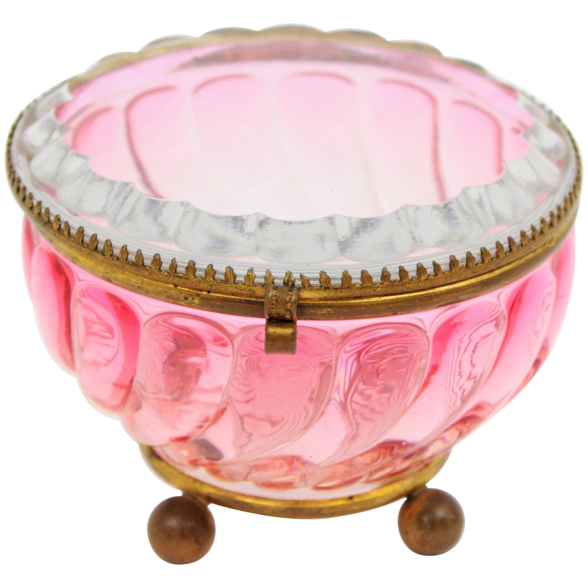 French Baccarat Pink Amberina Swirl Bamboo Crystal and Brass Jewelry Box