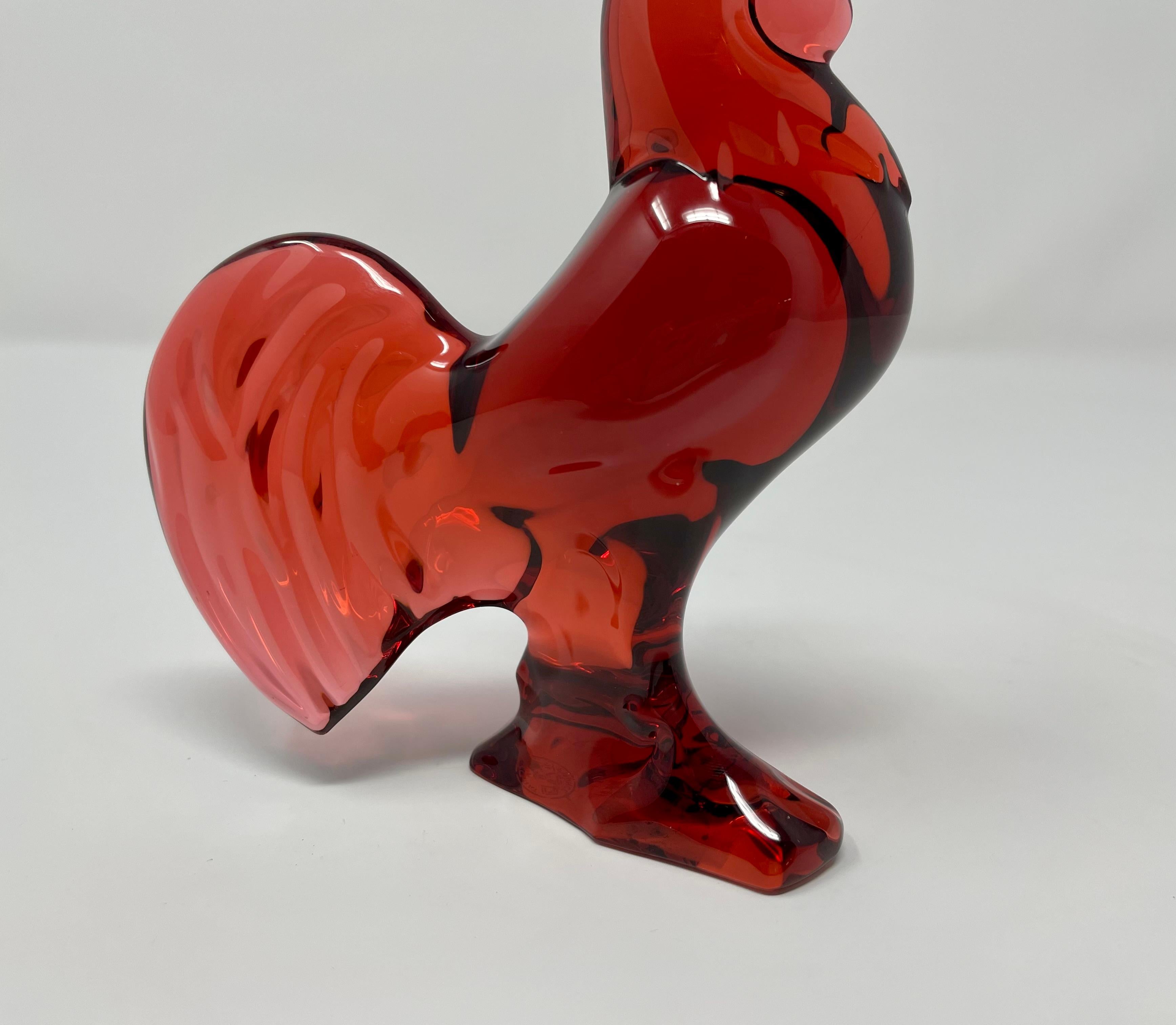 20th Century French Baccarat Ruby-Red Crystal Rooster. For Sale