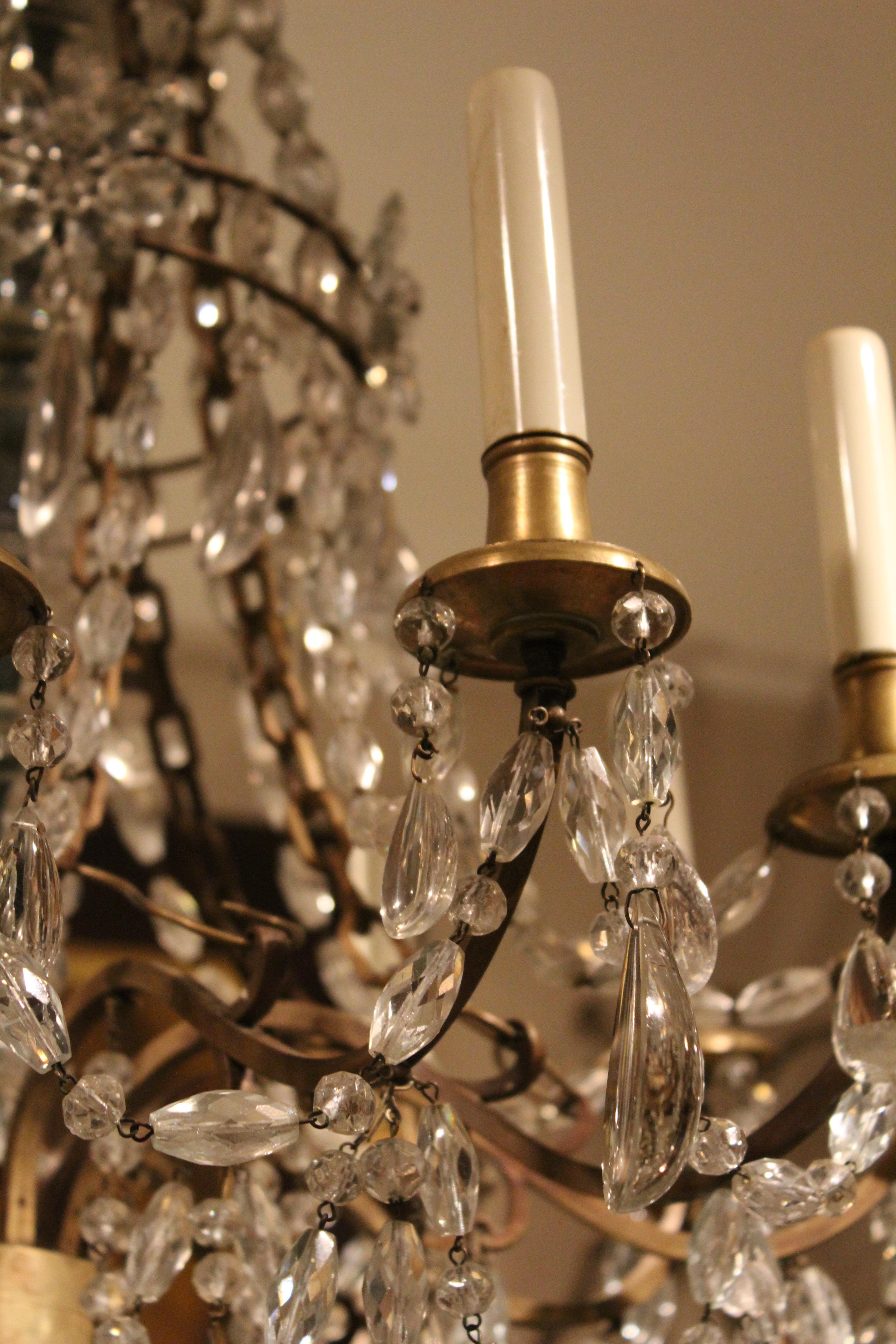 Bronze French Baccarat Style Cut Crystal Drop Twelve Light Chandelier, circa 1900 For Sale