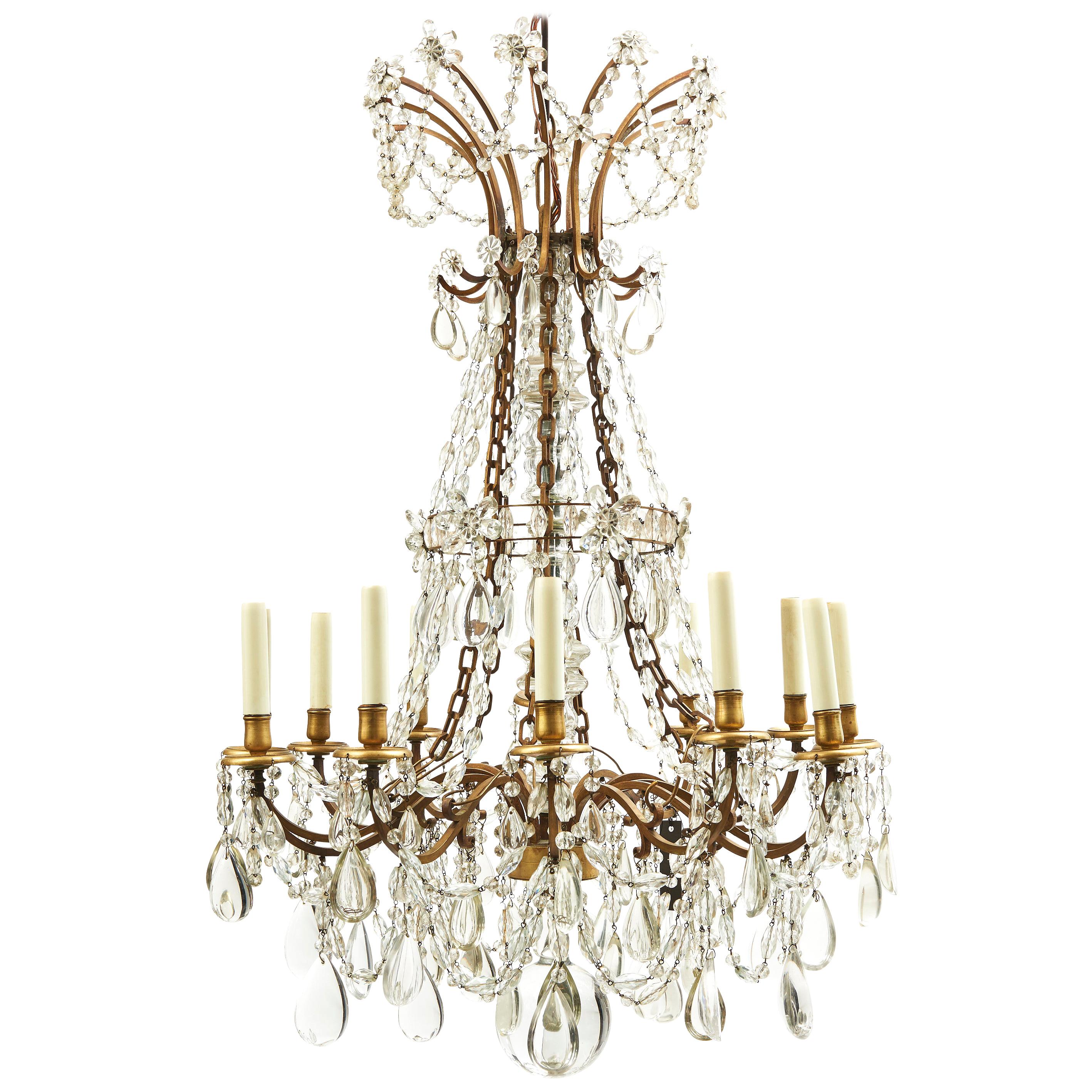 French Baccarat Style Cut Crystal Drop Twelve Light Chandelier, circa 1900 For Sale
