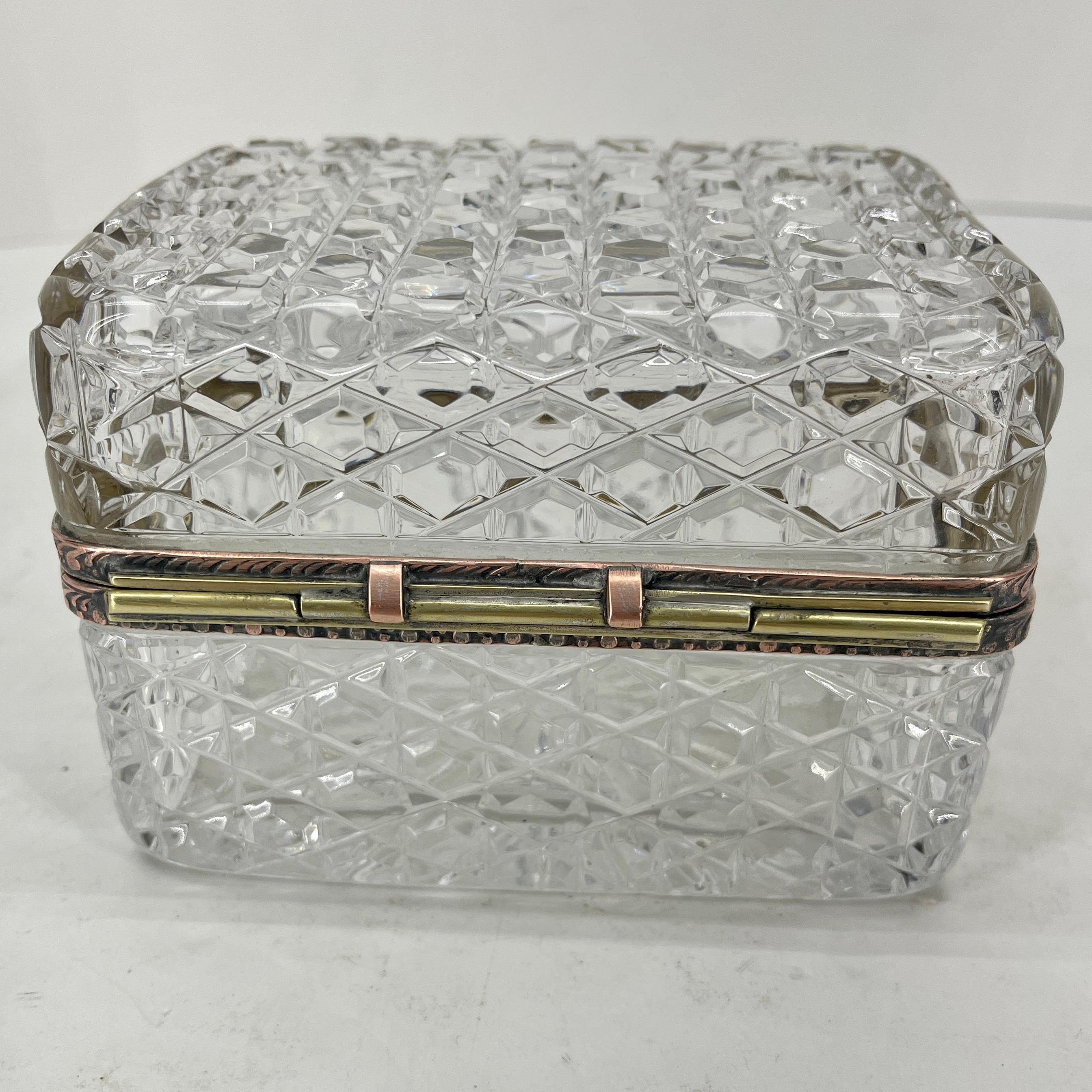 Hollywood Regency French Baccarat Style Cut Crystal Lidded Box with Brass Hardware For Sale