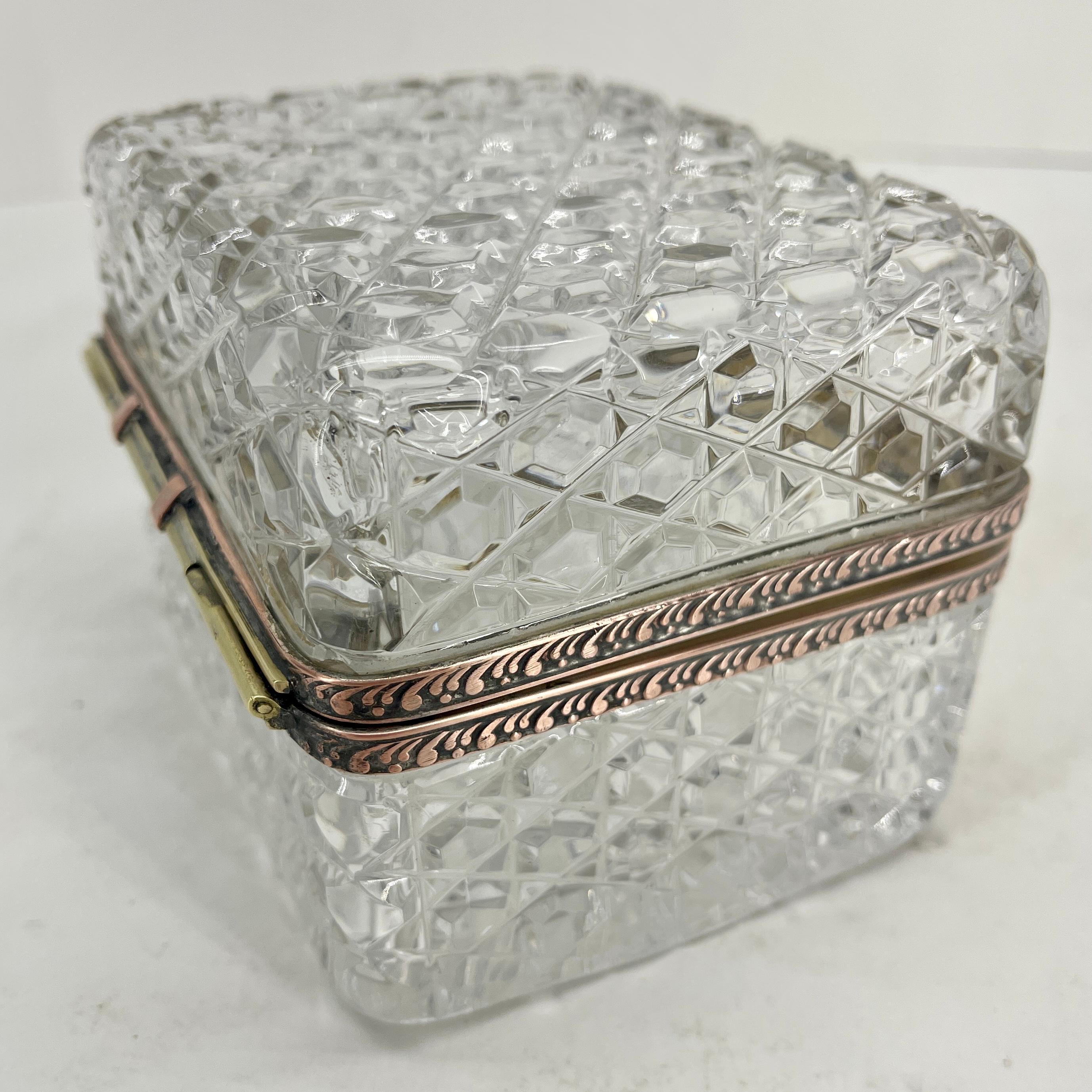 Hand-Crafted French Baccarat Style Cut Crystal Lidded Box with Brass Hardware For Sale