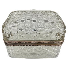 Retro French Baccarat Style Cut Crystal Lidded Box with Brass Hardware