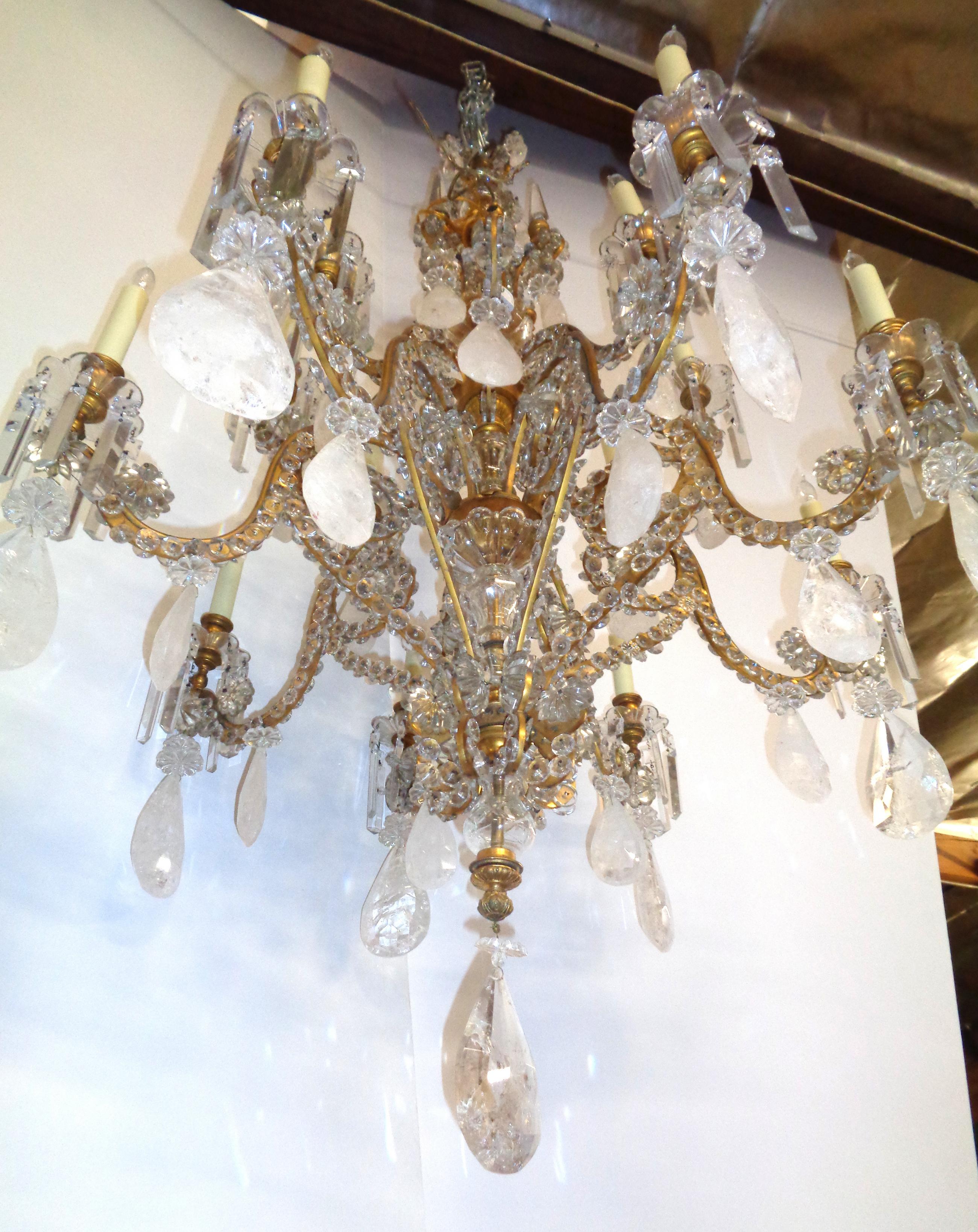 French Bagues Bronze Framed Rock Crystal Chandelier, circa 1880 In Excellent Condition For Sale In West Hollywood, CA