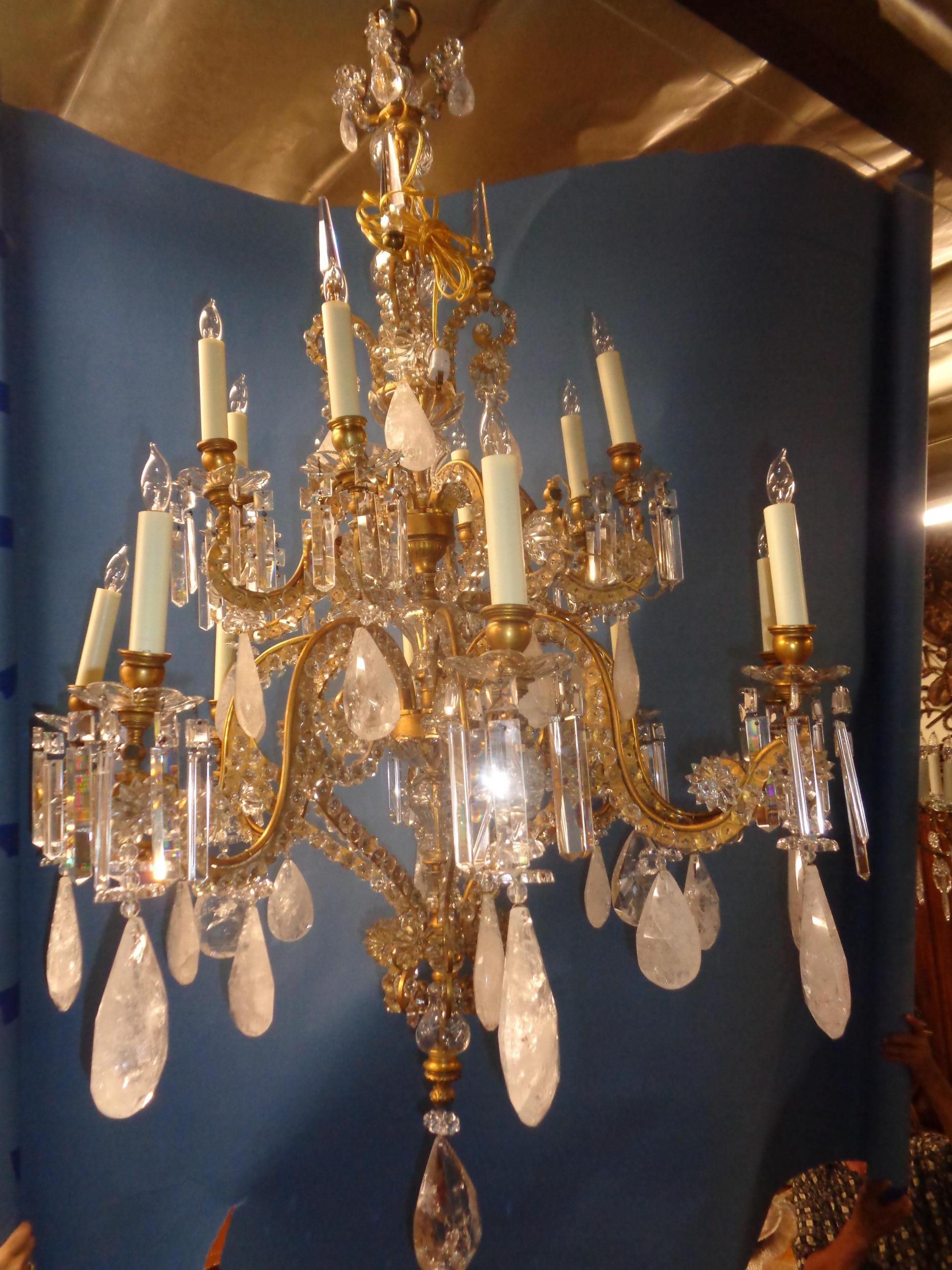 Late 19th Century French Bagues Bronze Framed Rock Crystal Chandelier, circa 1880 For Sale