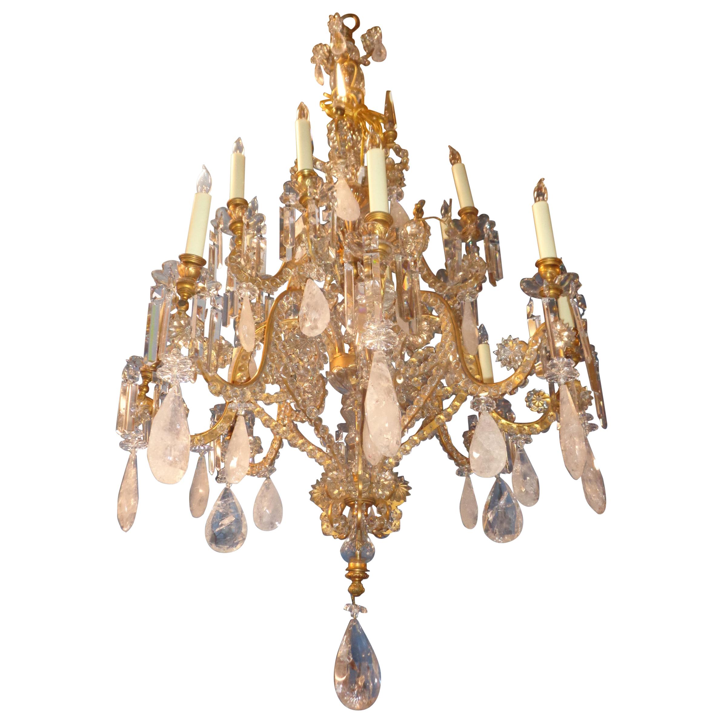 French Bagues Bronze Framed Rock Crystal Chandelier, circa 1880 For Sale