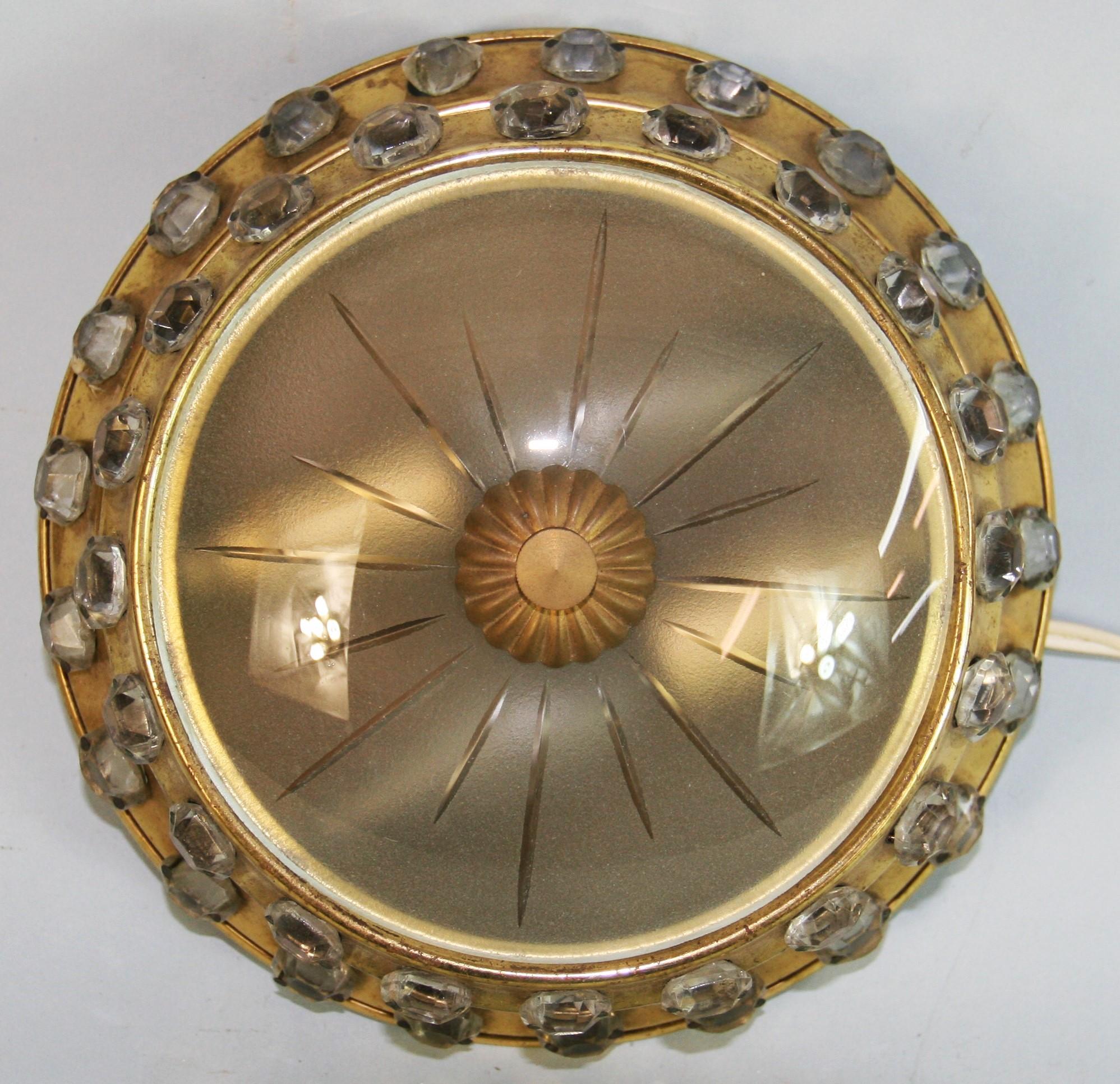 French Baguès Crystal and Brass  Ceiling Fixture, circa 1940s In Good Condition For Sale In Douglas Manor, NY