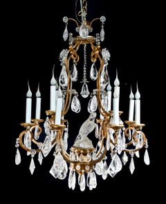 French Baguès Style Cage Form Gilt Bronze and Rock Crystal Parrot Chandelier
