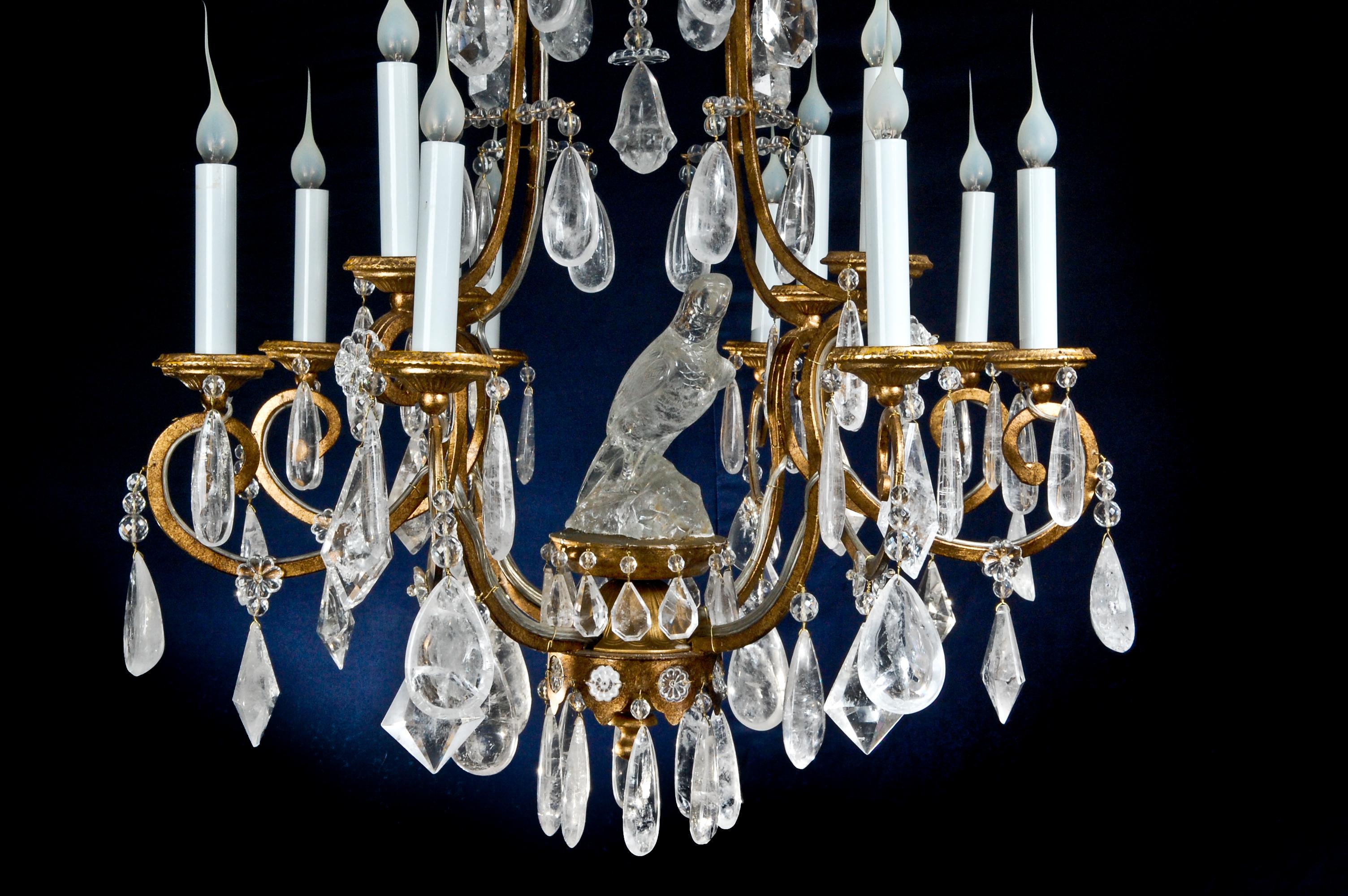 Louis XVI French Baguès Style Cage Form Gilt Bronze and Rock Crystal Parrot Chandelier For Sale