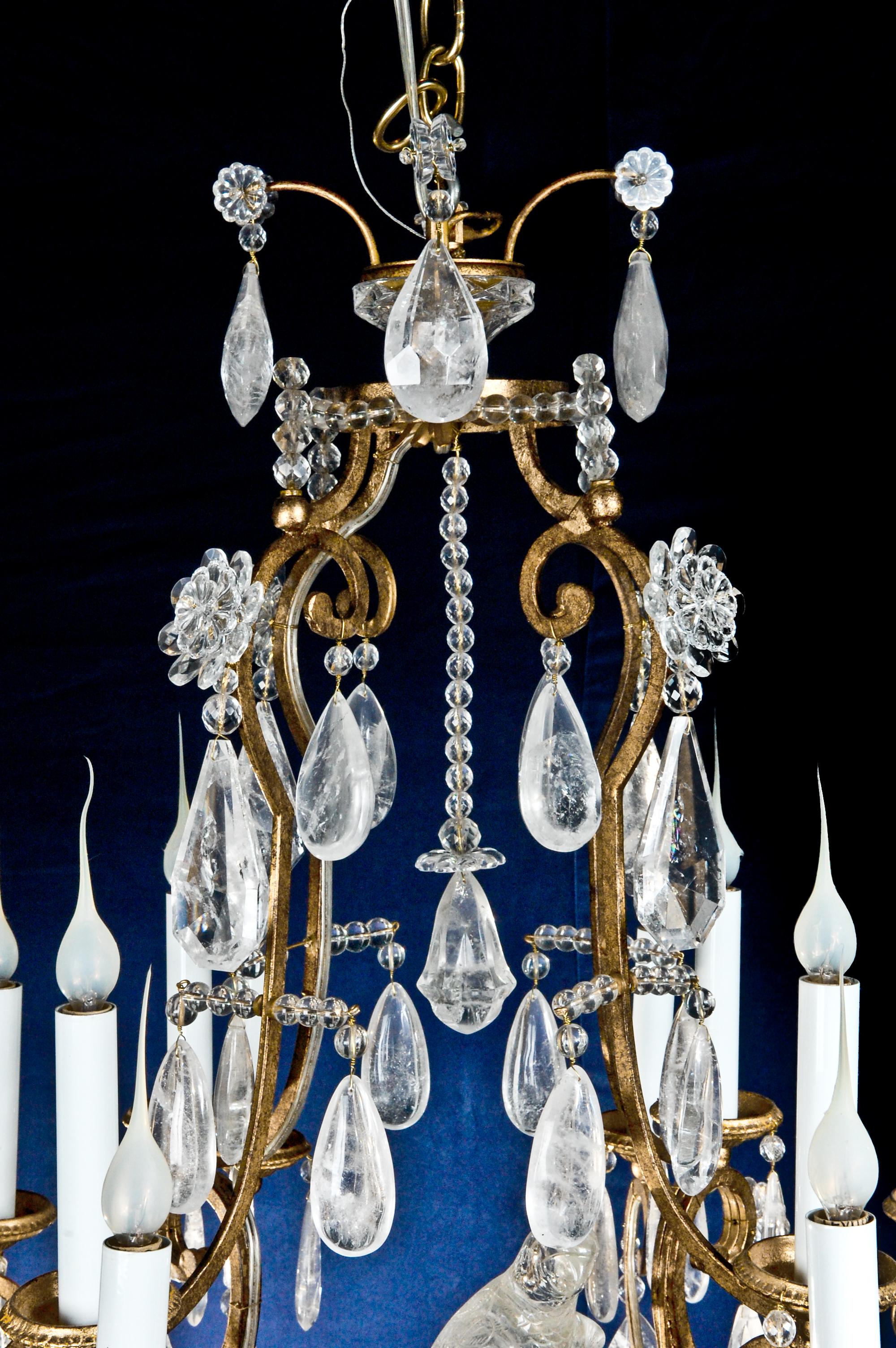 Carved French Baguès Style Cage Form Gilt Bronze and Rock Crystal Parrot Chandelier For Sale