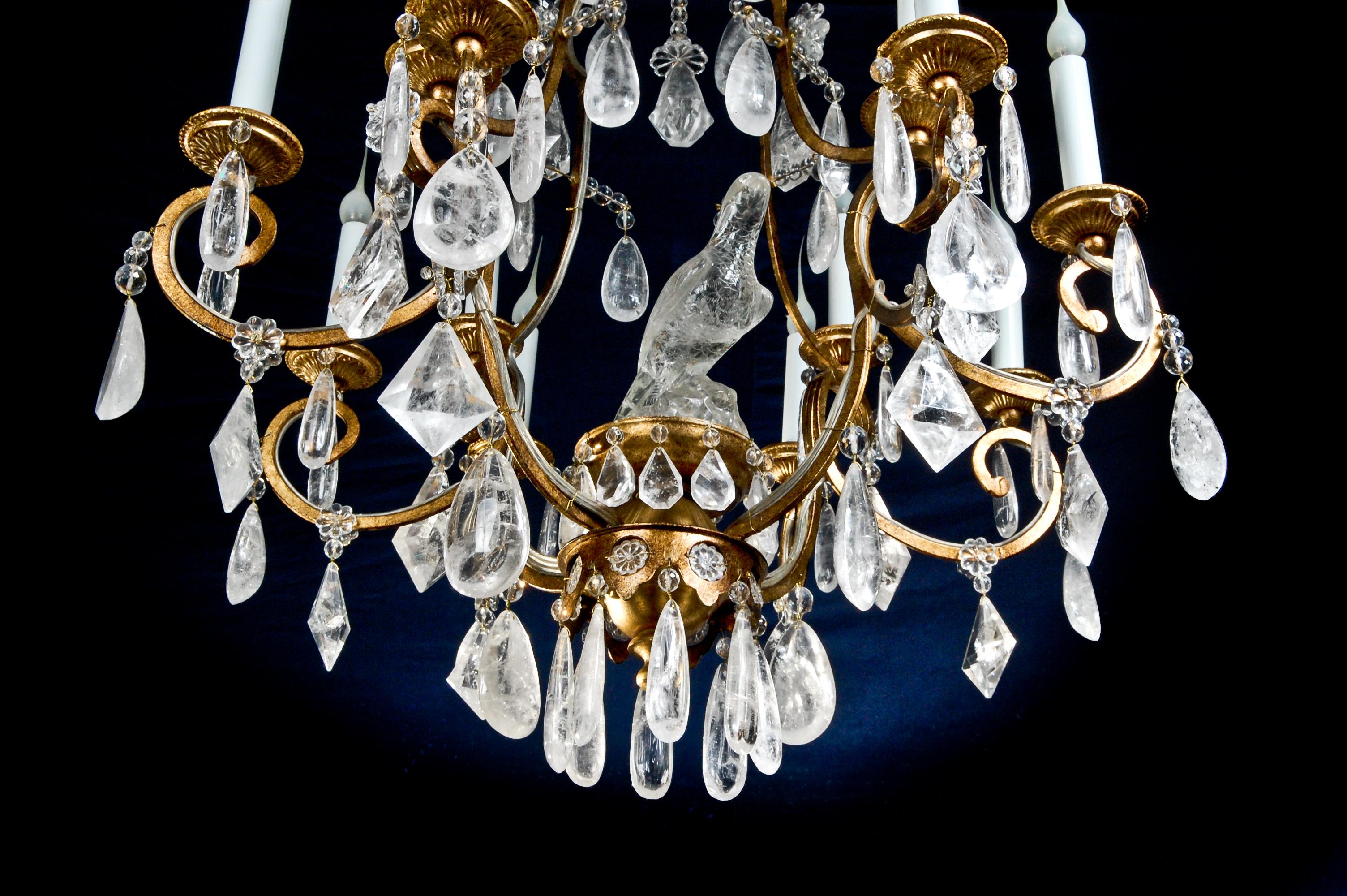 20th Century French Baguès Style Cage Form Gilt Bronze and Rock Crystal Parrot Chandelier For Sale