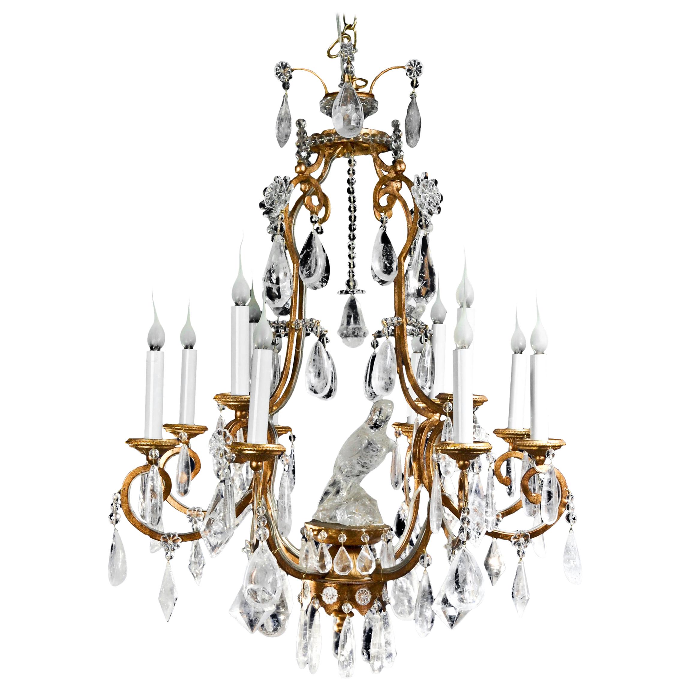 French Baguès Style Cage Form Gilt Bronze and Rock Crystal Parrot Chandelier