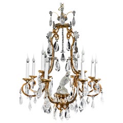 Vintage French Baguès Style Cage Form Gilt Bronze and Rock Crystal Parrot Chandelier