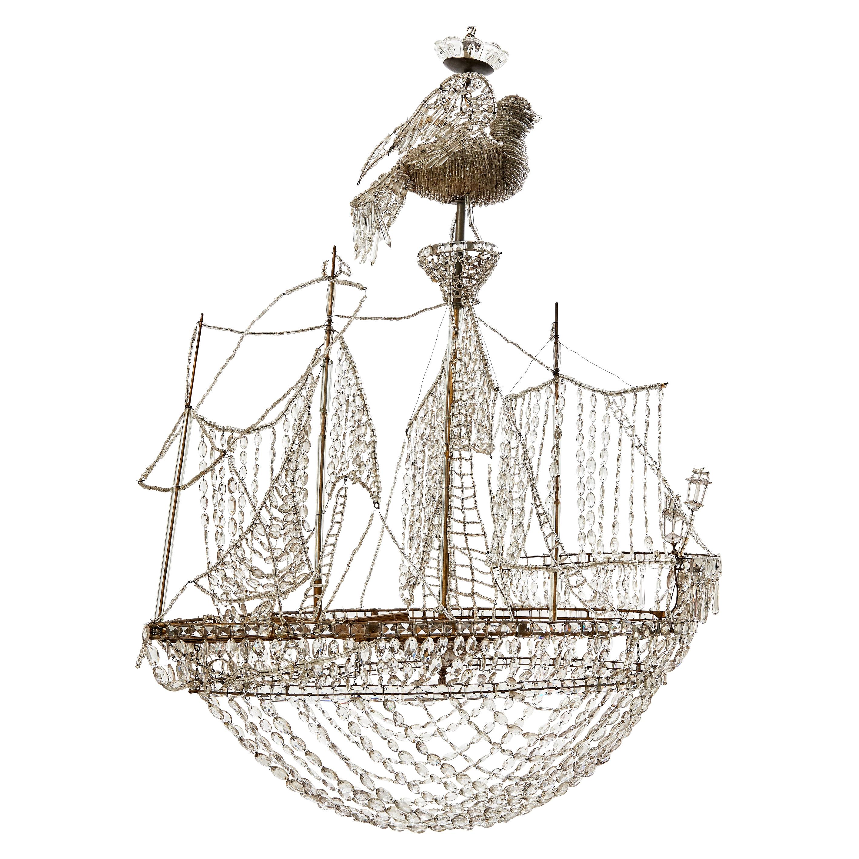 French Baguès Style Glass Beaded Chandelier in Form of a Ship, circa 1950