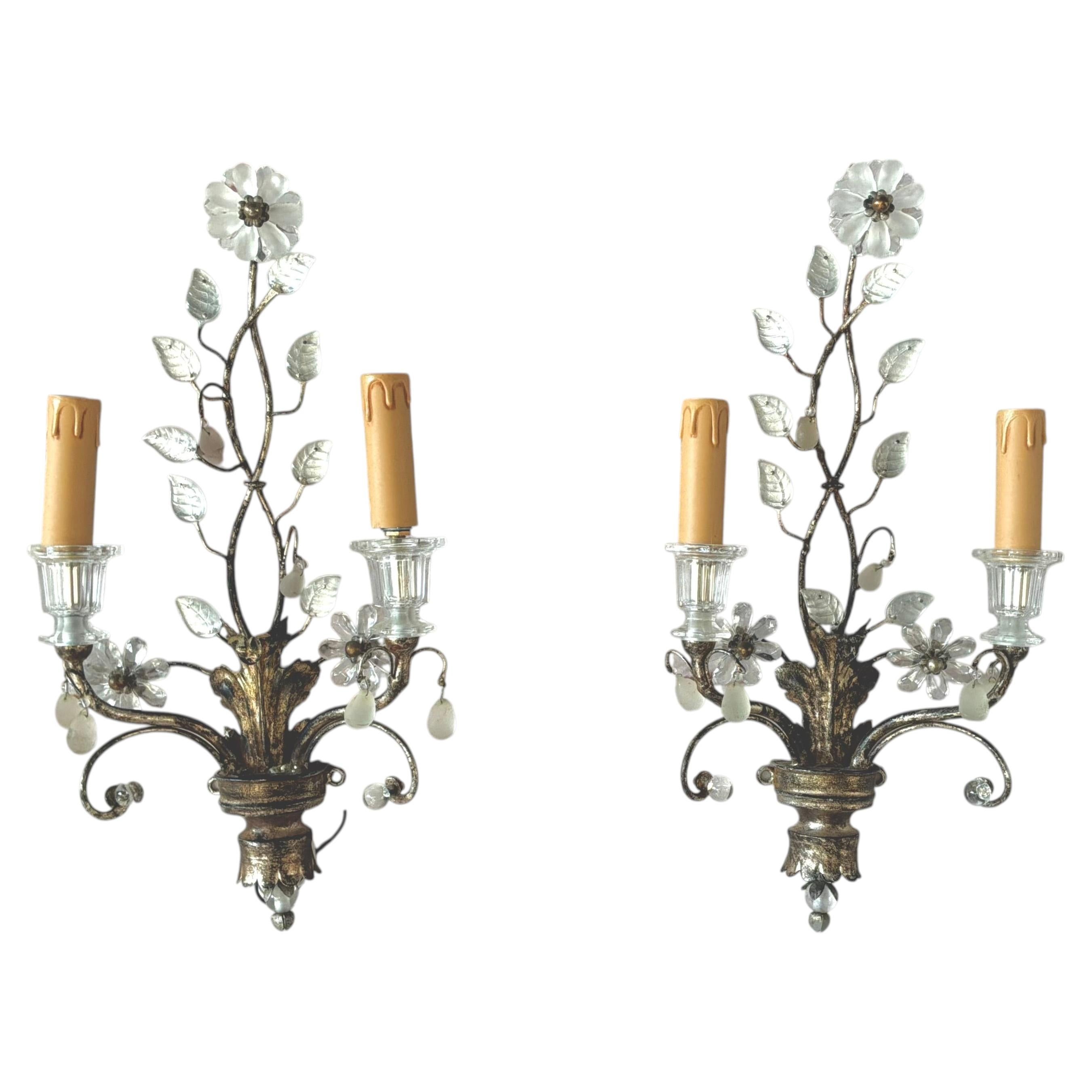 French Baguès Style Silver Leaf Wall Sconces, A Pair For Sale