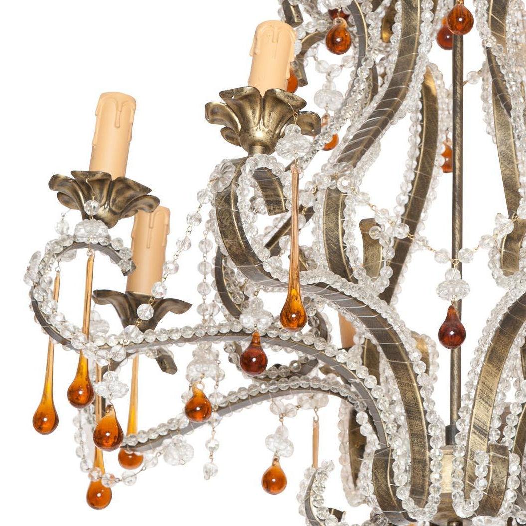 Belle Époque Lustre français de style Baguès en acier et verre perlé en vente
