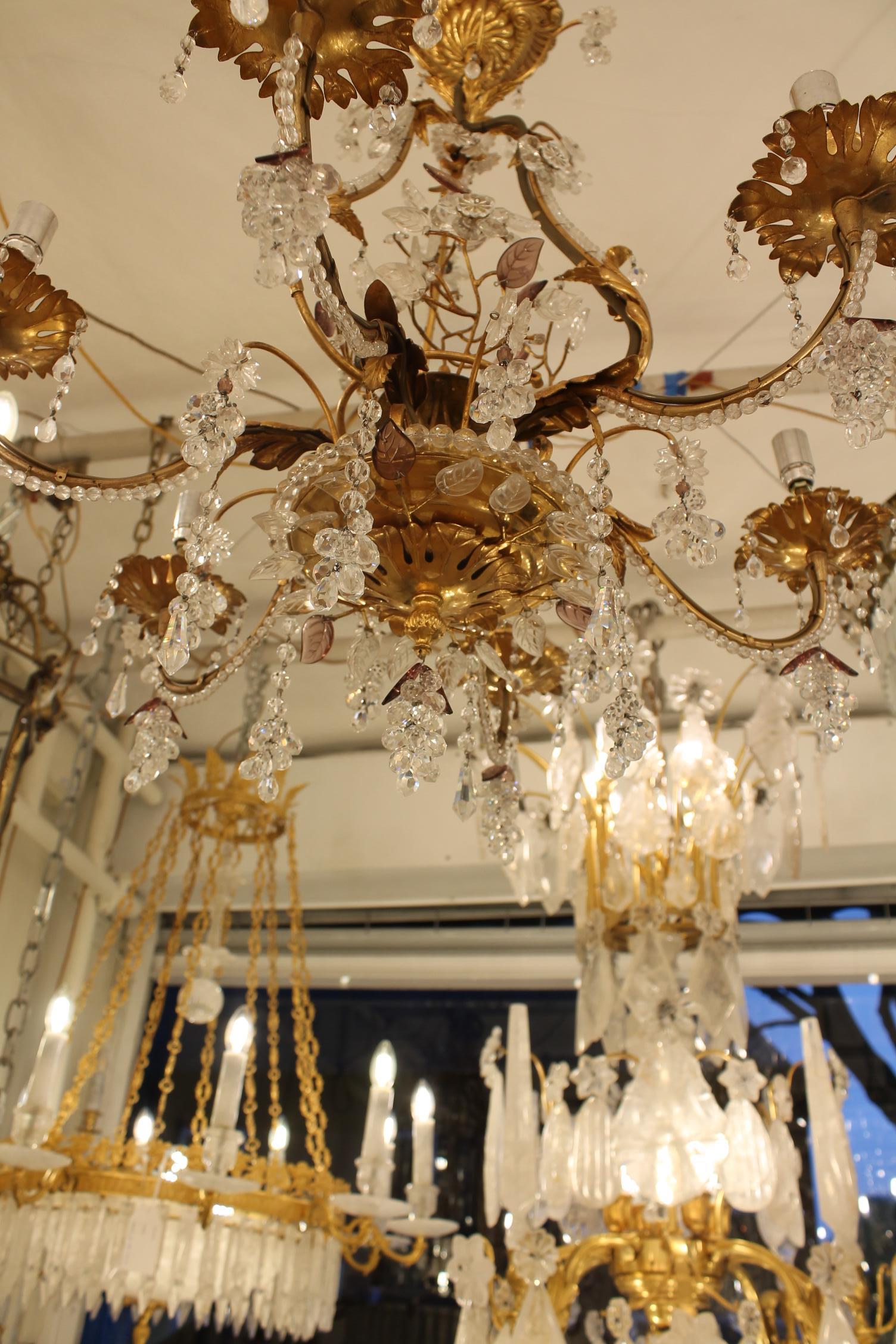 Brass French Bagues with crystal grapes and flowers plus coloured leaves  Chandelier For Sale