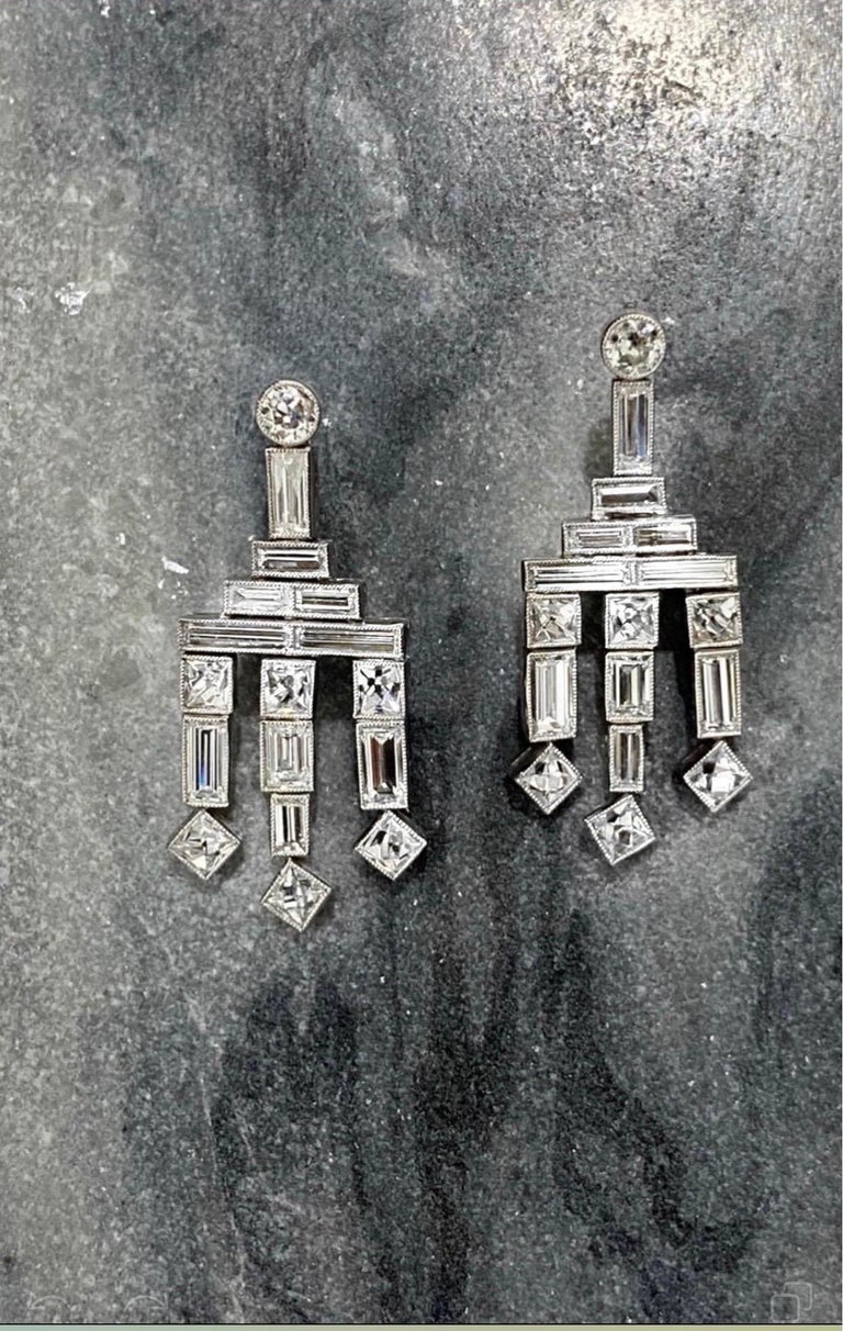 French and Baguette Diamond Platinum Chandelier Earrings For Sale at 1stDibs