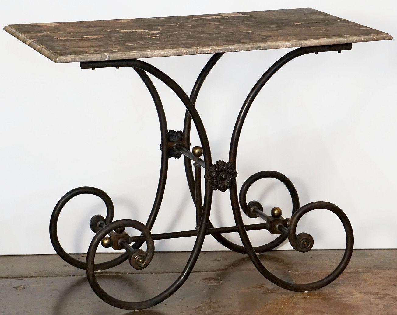 French Baker's Patisserie Table with Marble Top and Wrought Iron Base 10