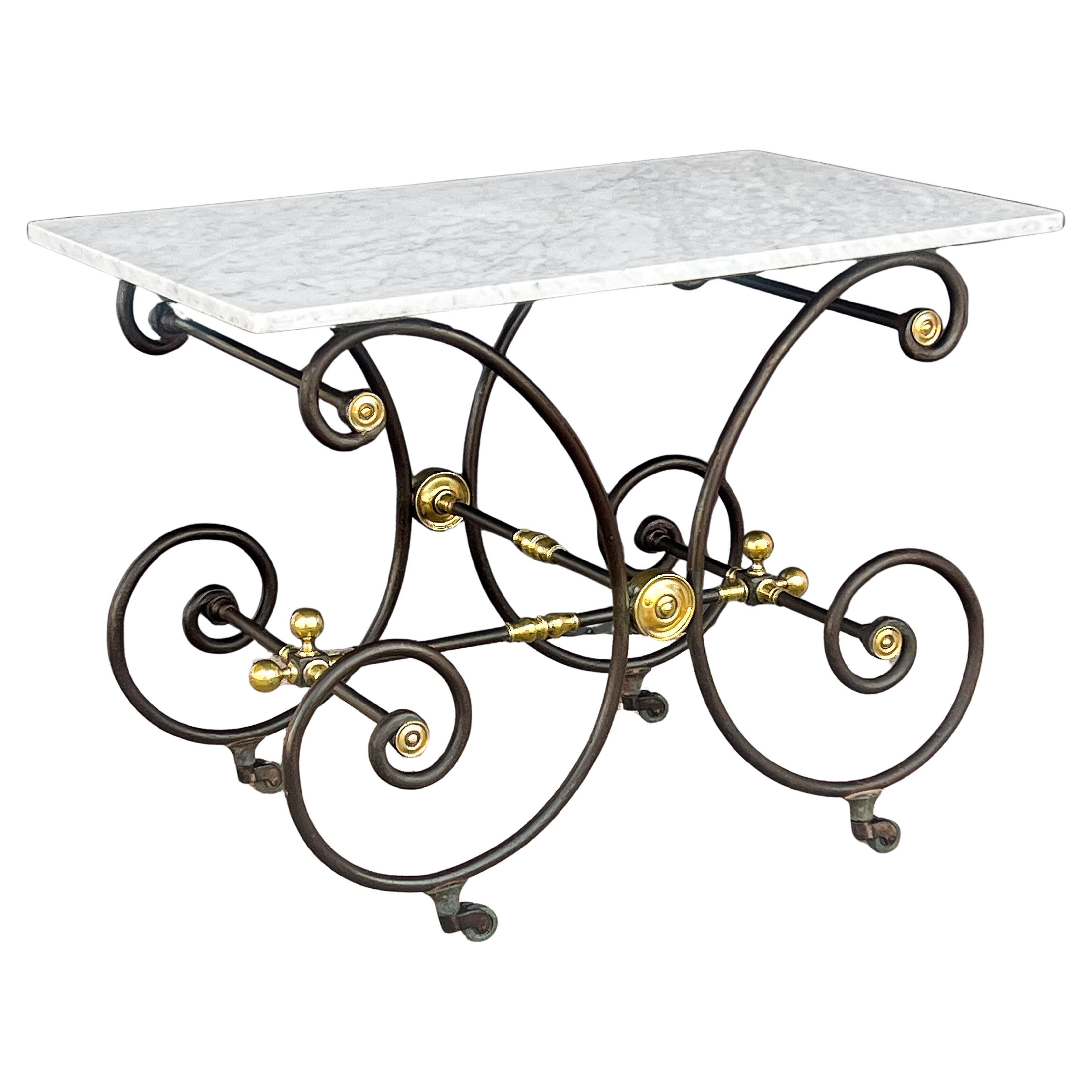 French Baker's Patisserie Table with Marble Top and Wrought Iron Base