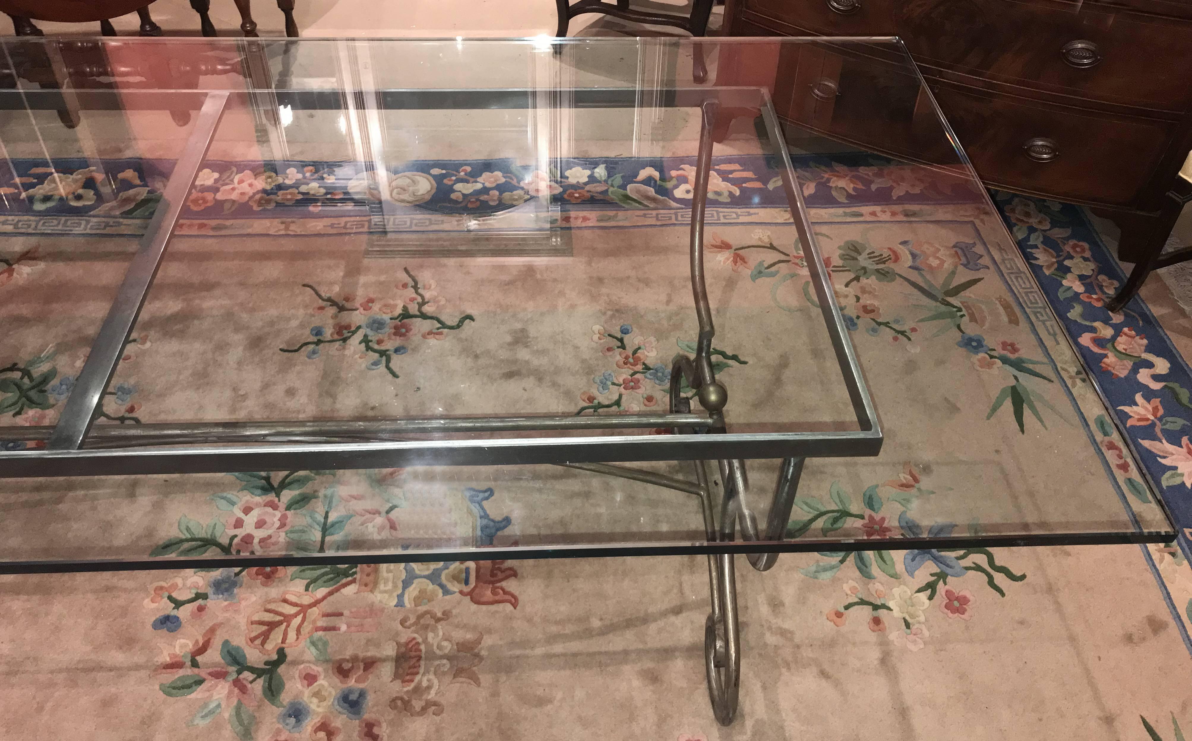 Beveled French Baker’s Table Adapted to a Glass Top Dining Table