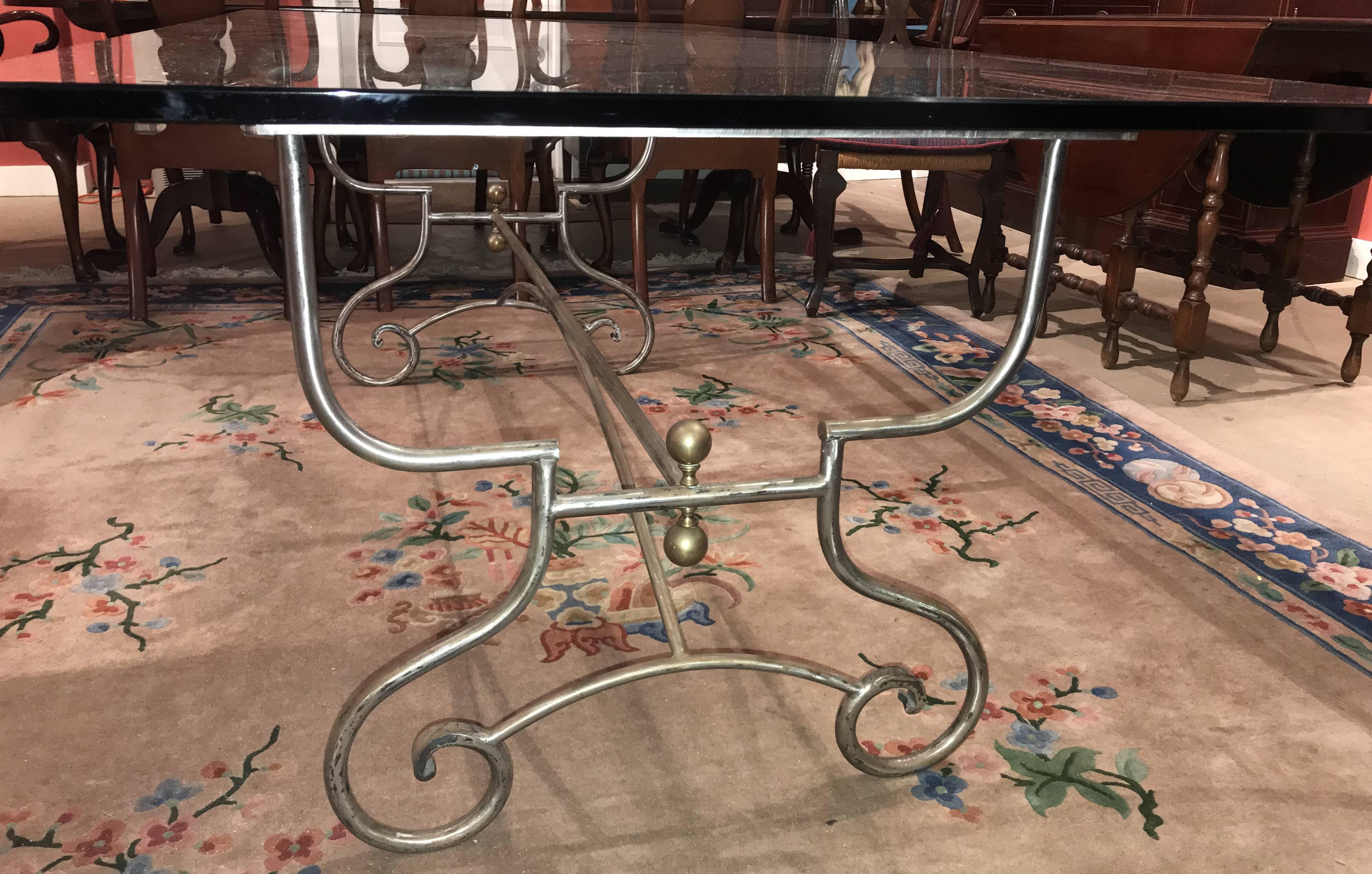 French Baker’s Table Adapted to a Glass Top Dining Table In Good Condition In Milford, NH