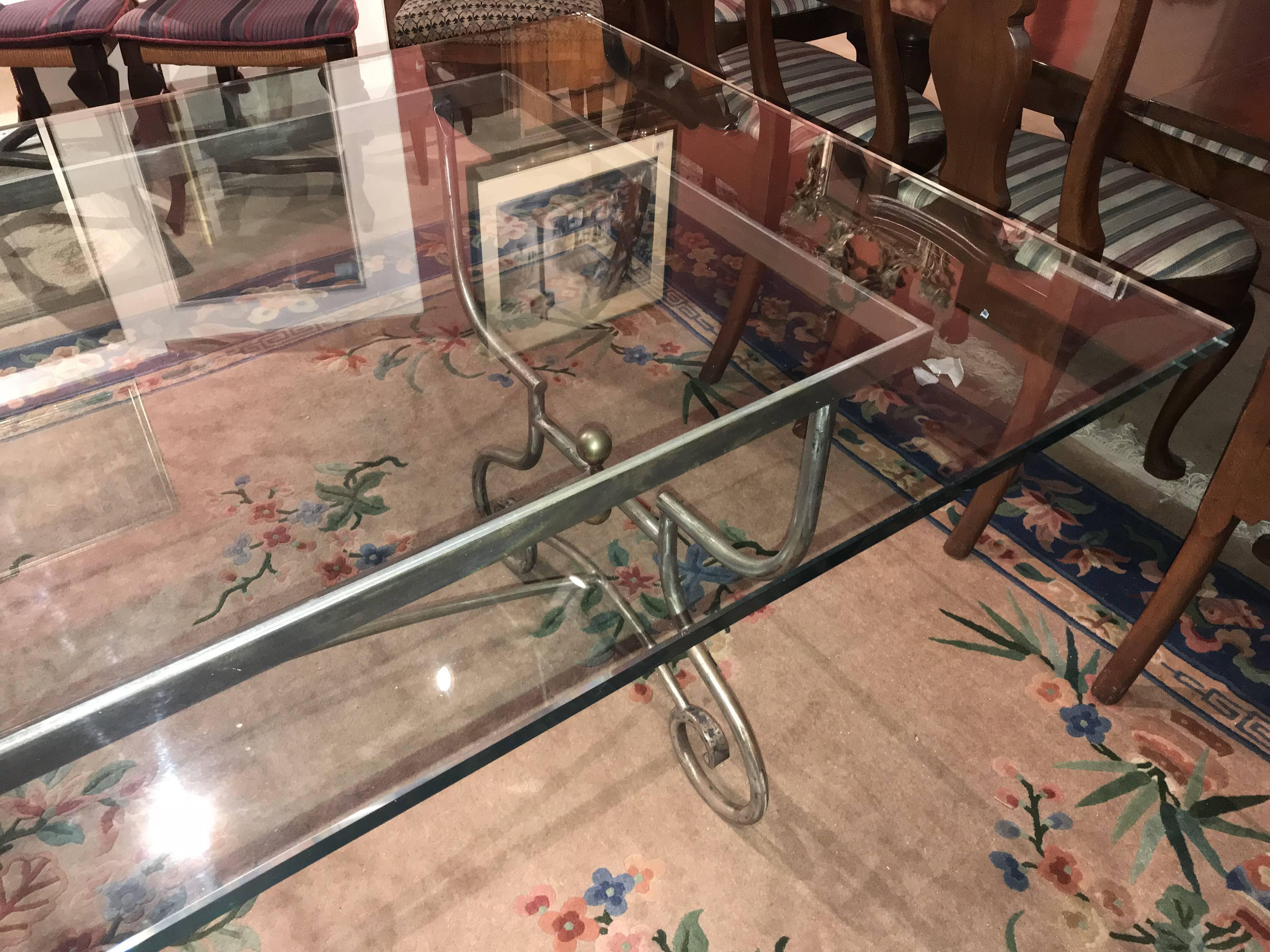 20th Century French Baker’s Table Adapted to a Glass Top Dining Table