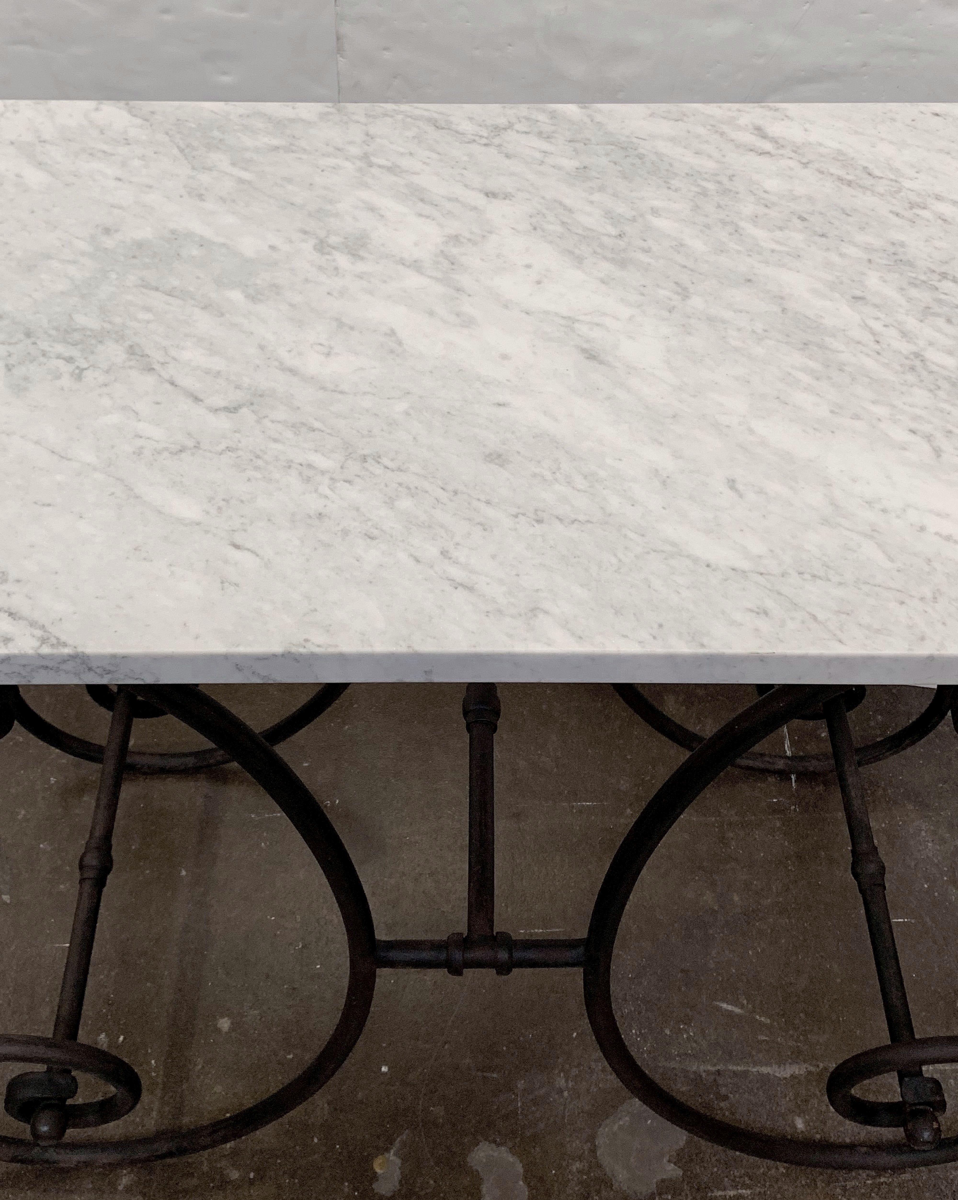 French Baker's Table with Carrara Marble Top and Wrought Iron Base 4