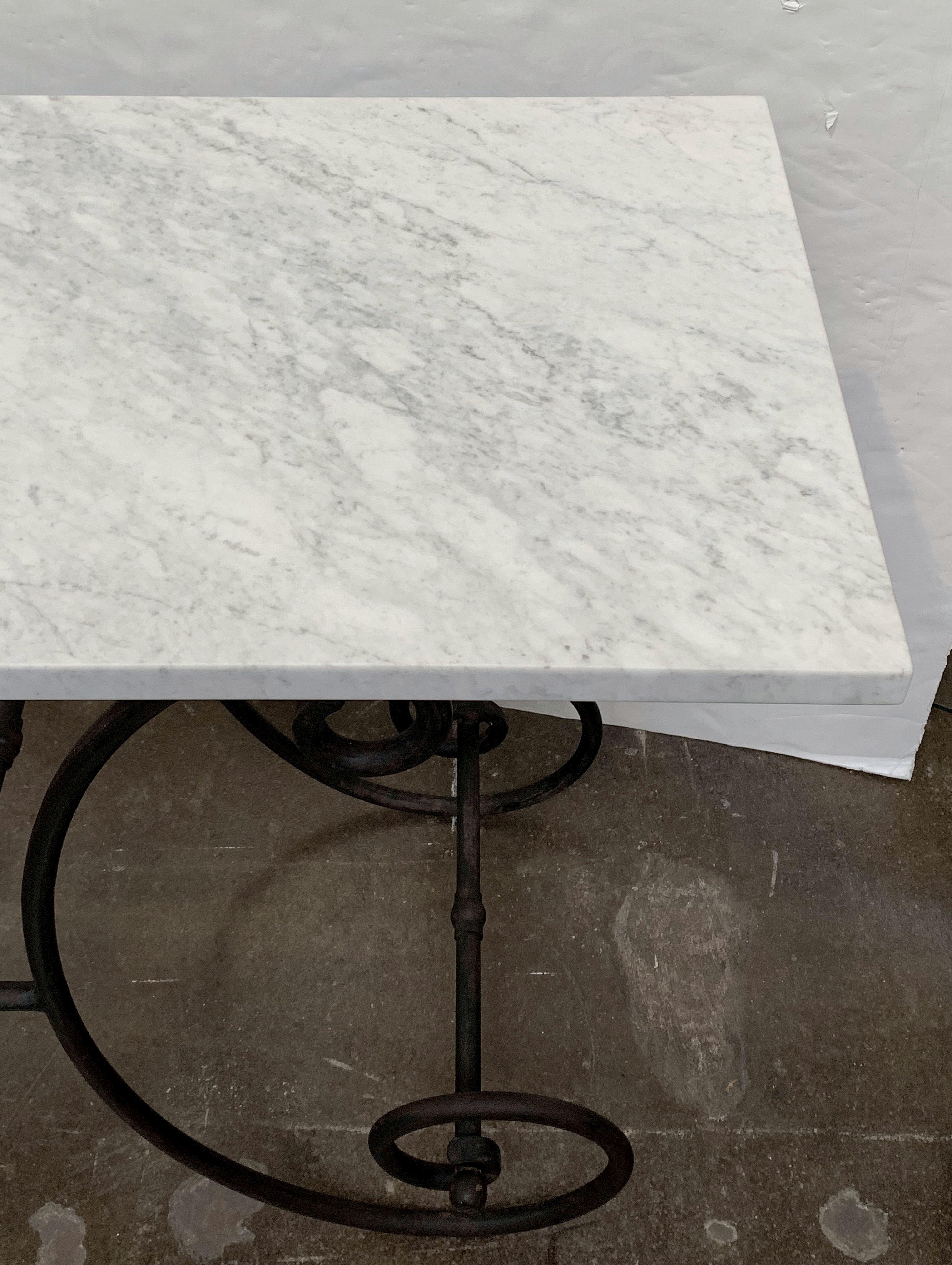 French Baker's Table with Carrara Marble Top and Wrought Iron Base 5