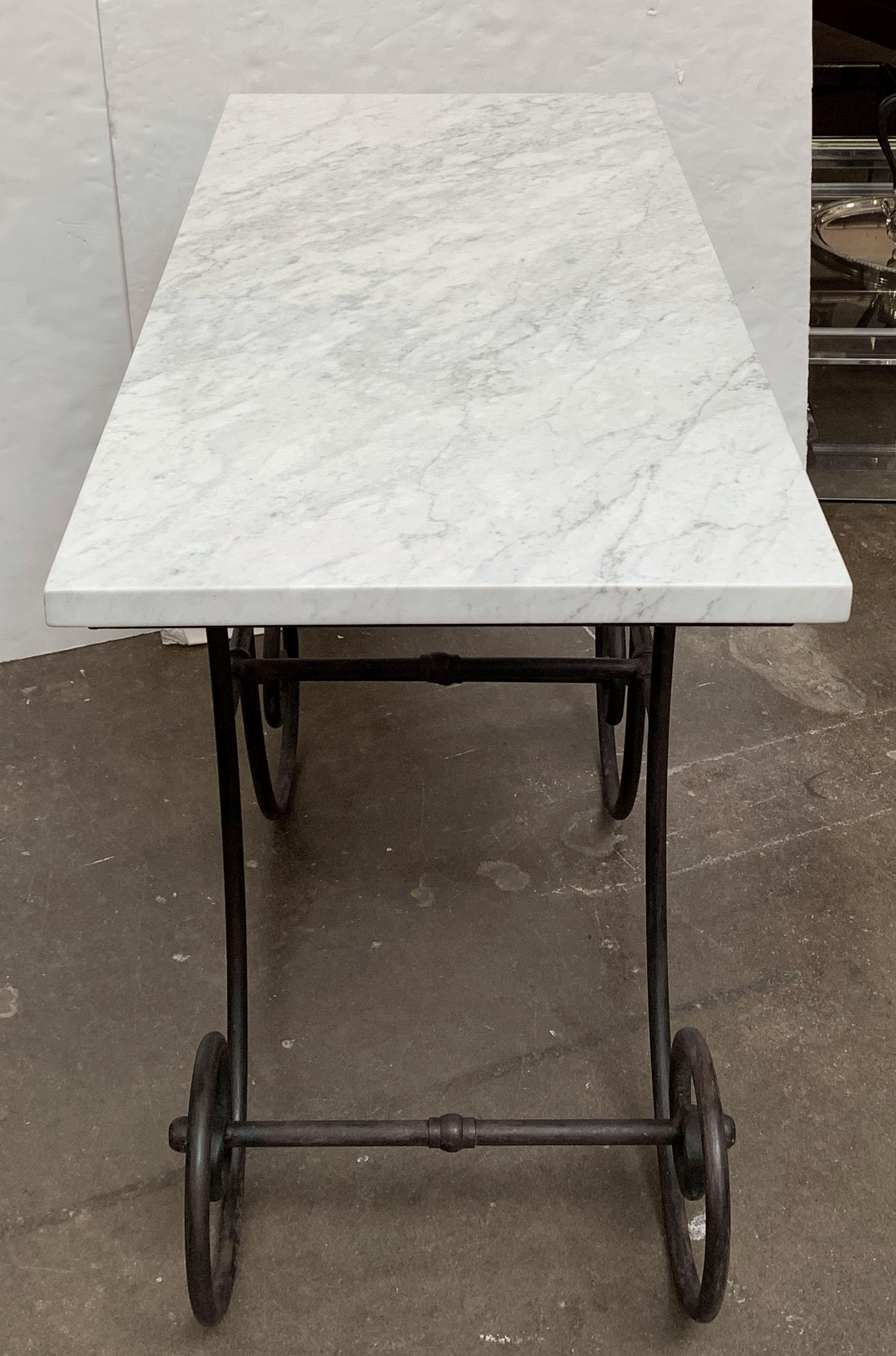 French Baker's Table with Carrara Marble Top and Wrought Iron Base 6