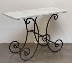 French Baker's Table with Carrara Marble Top and Wrought Iron Base