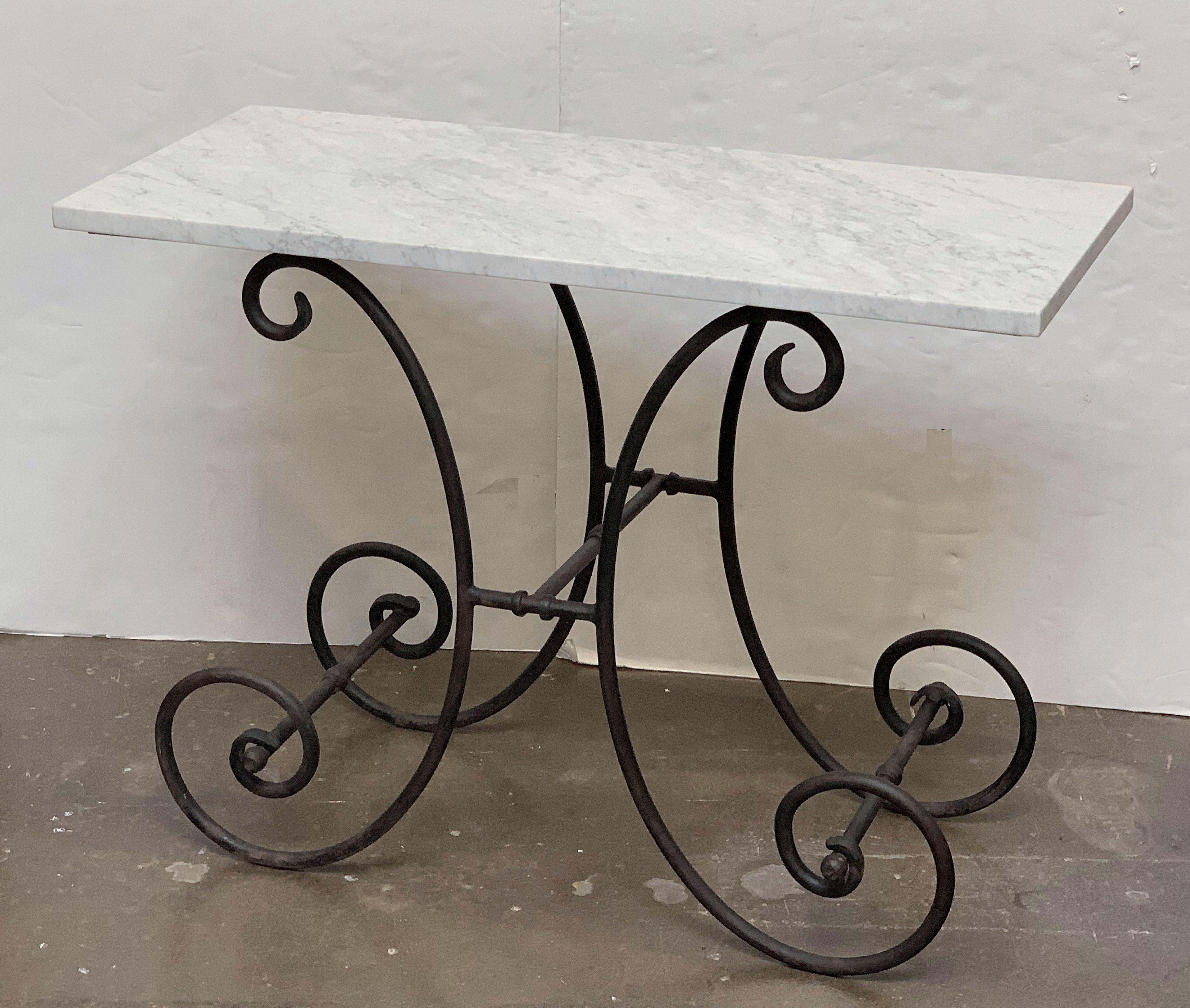 19th Century French Baker's Table with Carrara Marble Top and Wrought Iron Base