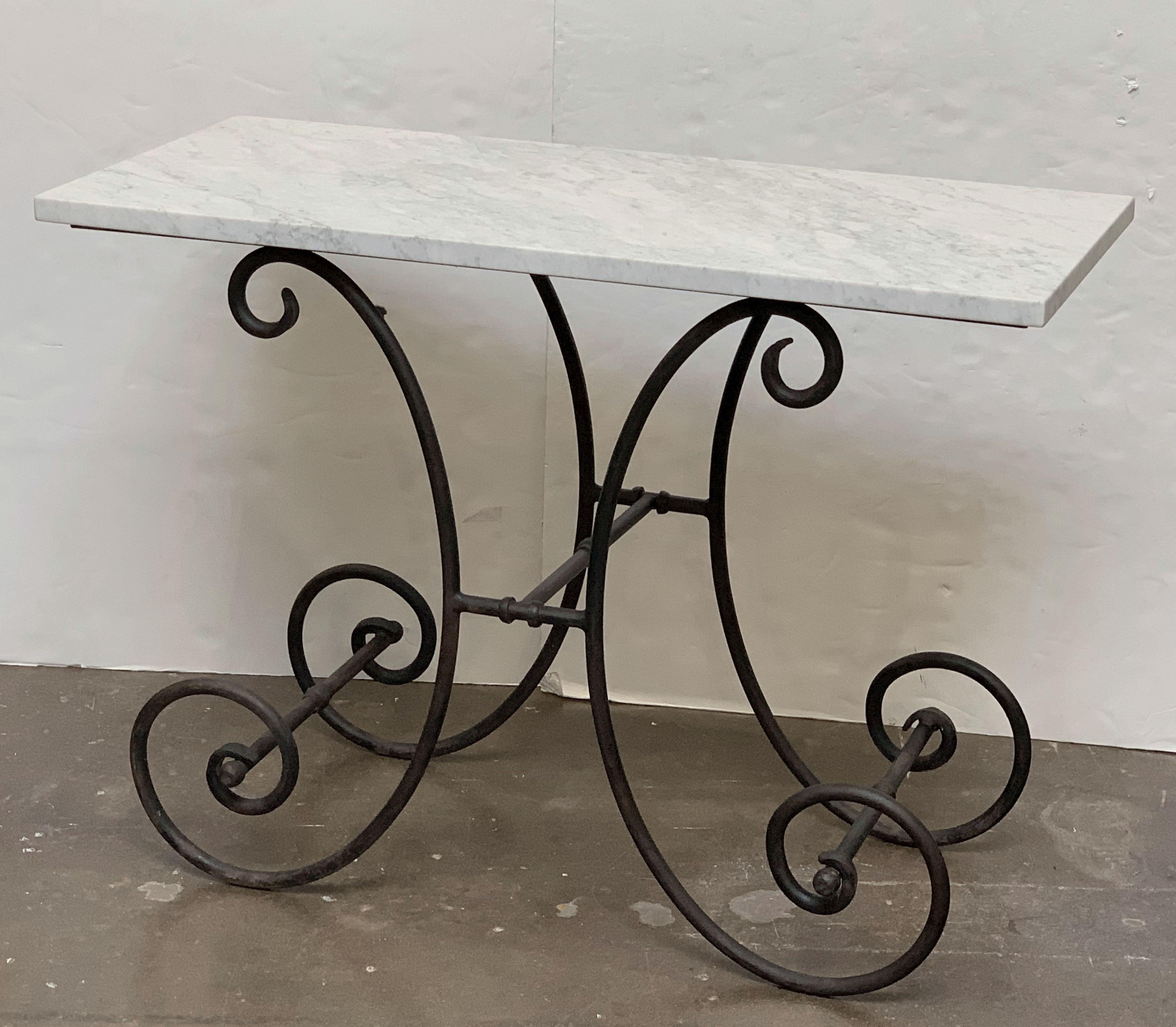 Metal French Baker's Table with Carrara Marble Top and Wrought Iron Base