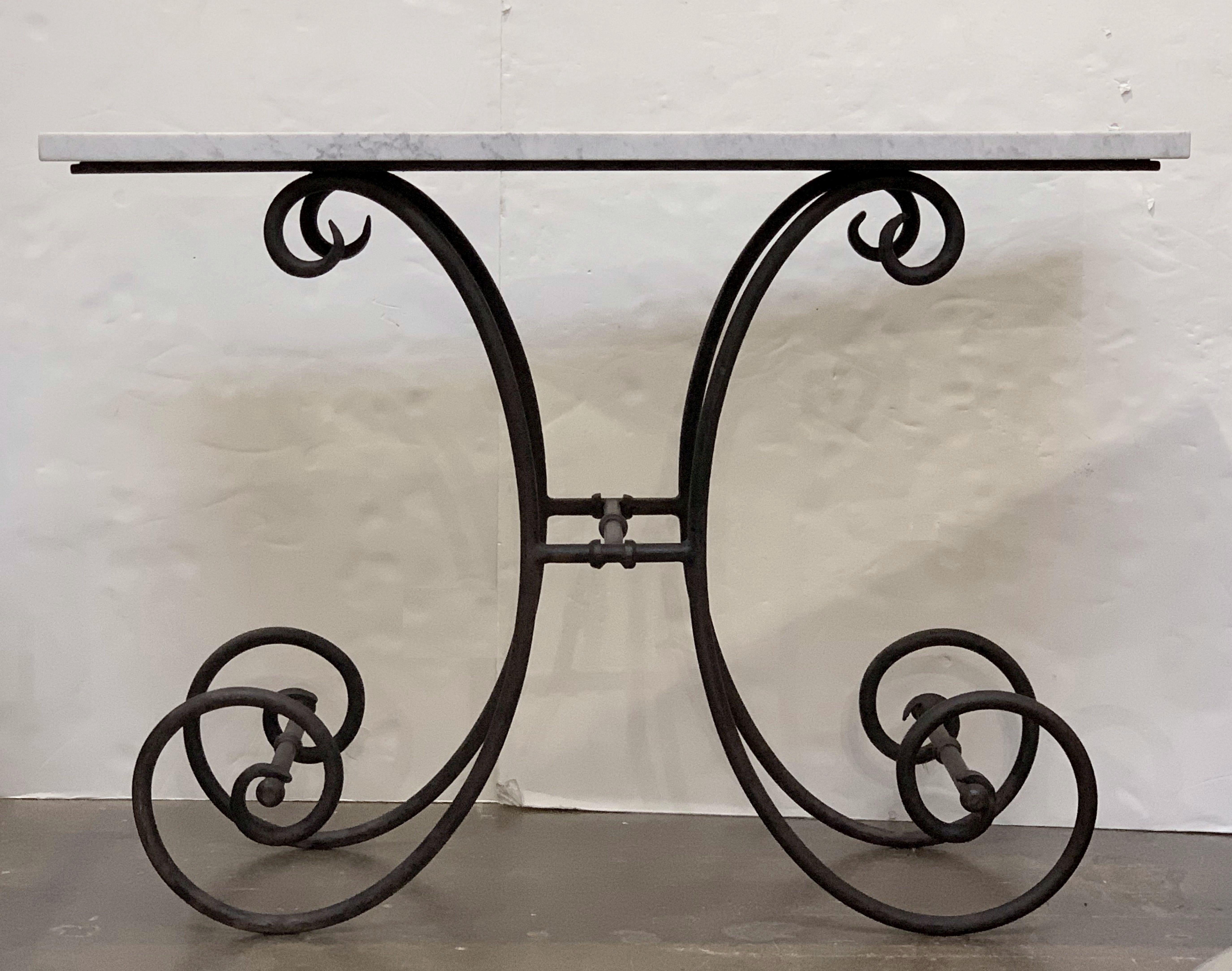 French Baker's Table with Carrara Marble Top and Wrought Iron Base 1