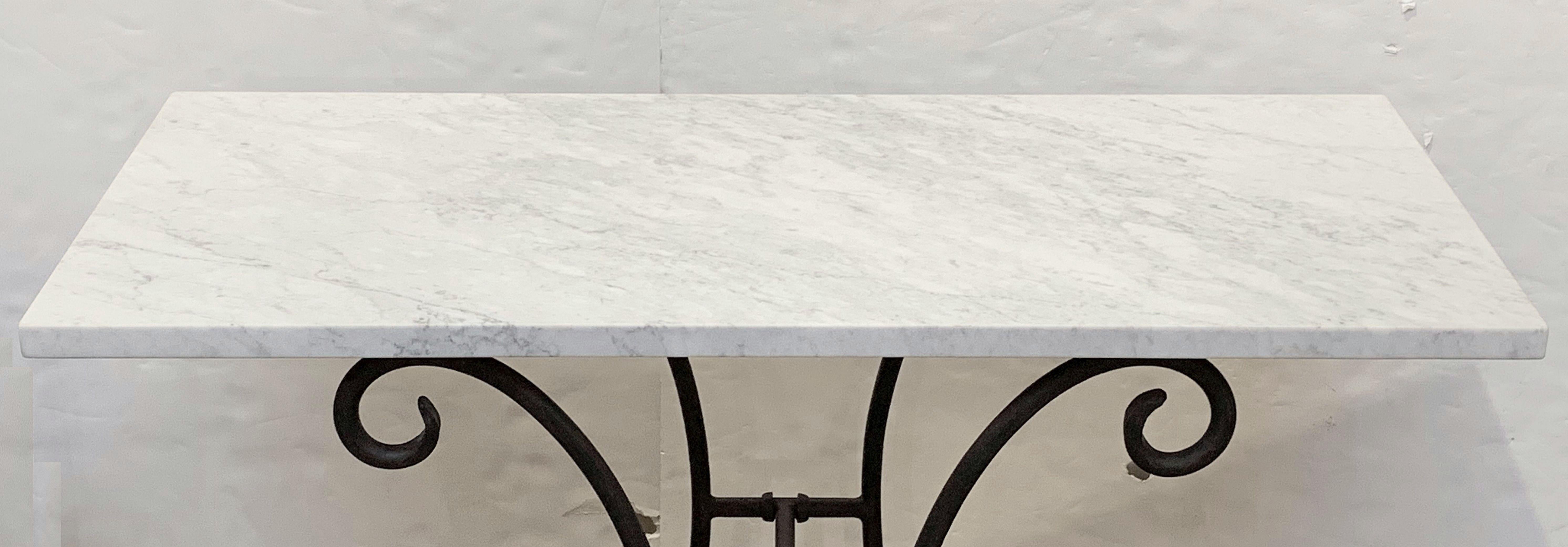 French Baker's Table with Carrara Marble Top and Wrought Iron Base 2
