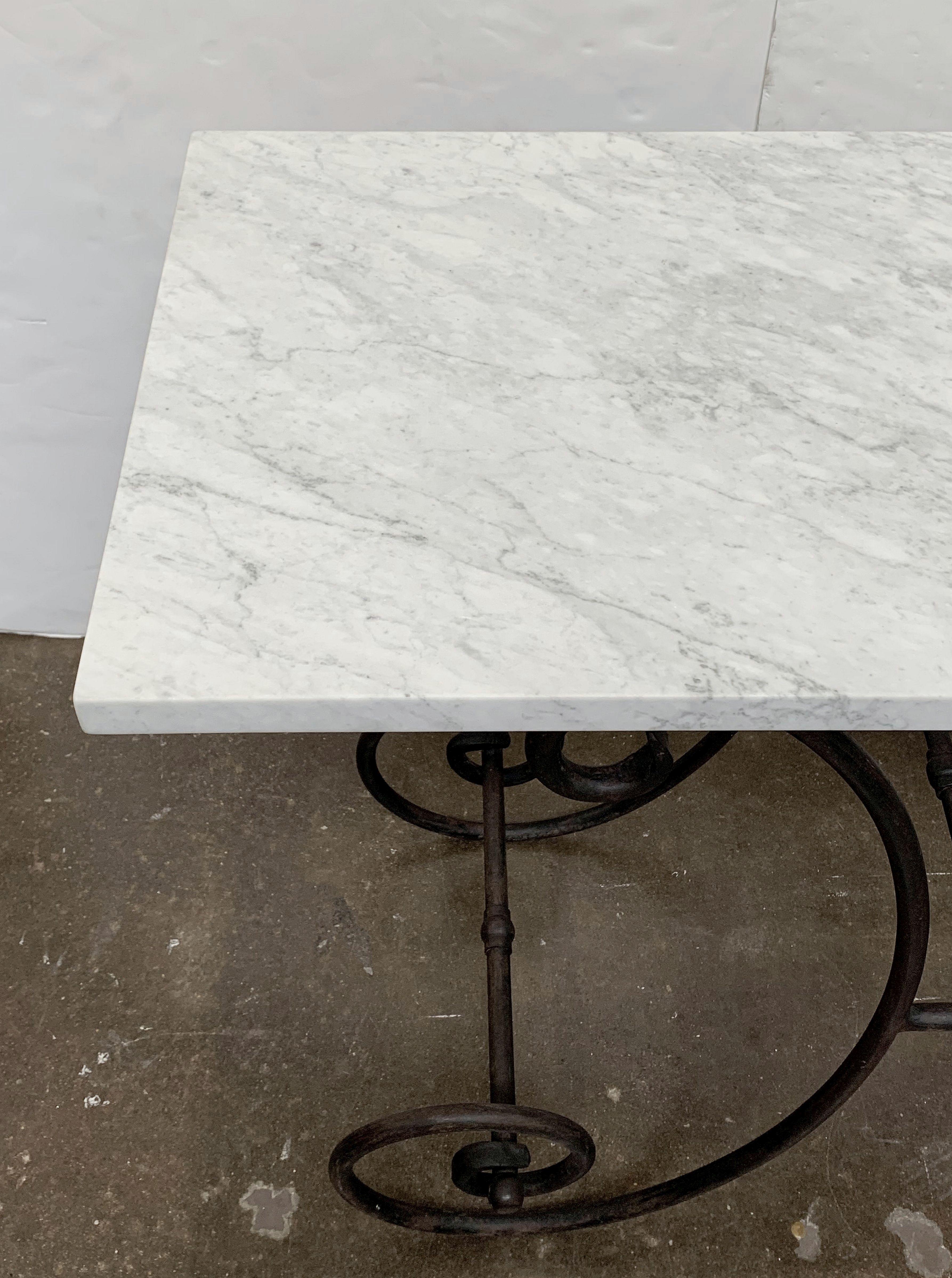 French Baker's Table with Carrara Marble Top and Wrought Iron Base 3