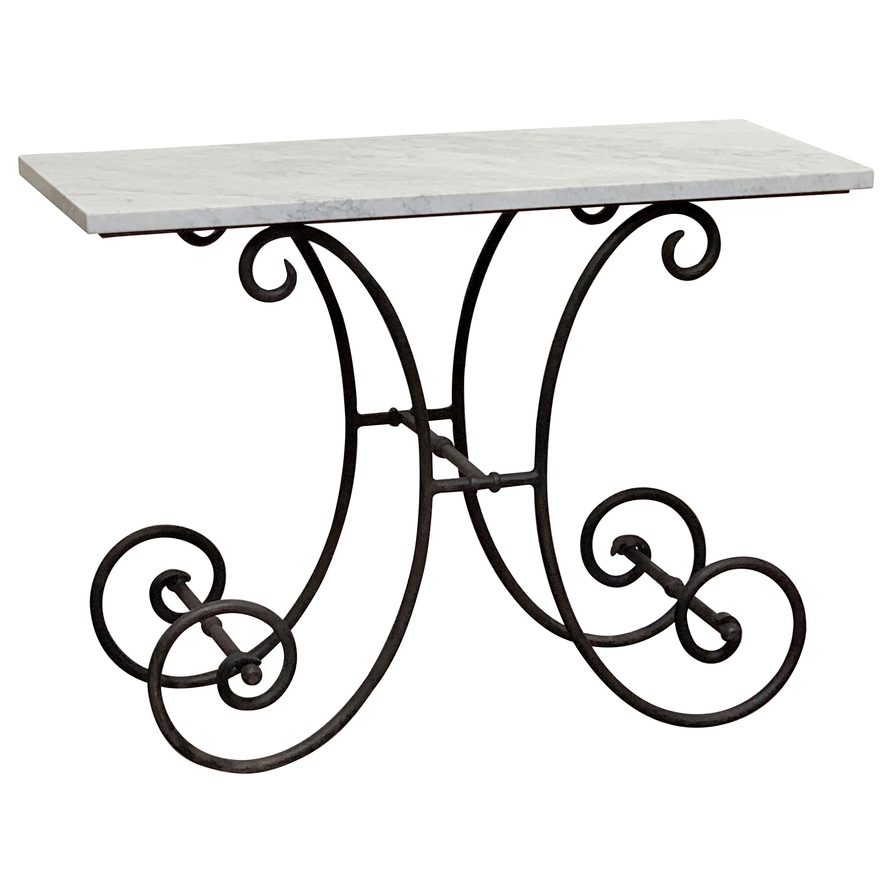 French Baker's Table with Carrara Marble Top and Wrought Iron Base