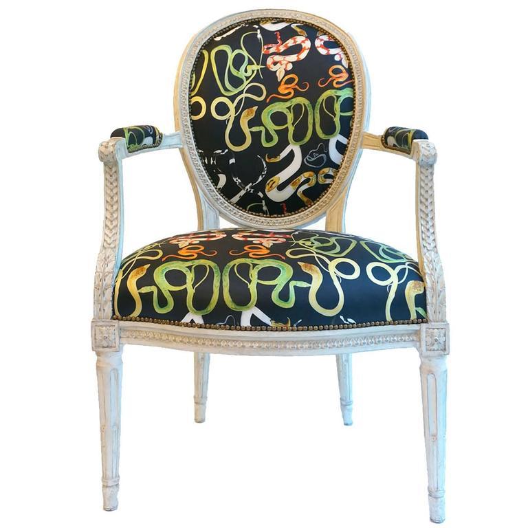 Louis XVI French Balloon Back Chair x Voutsa Snakes on Black For Sale