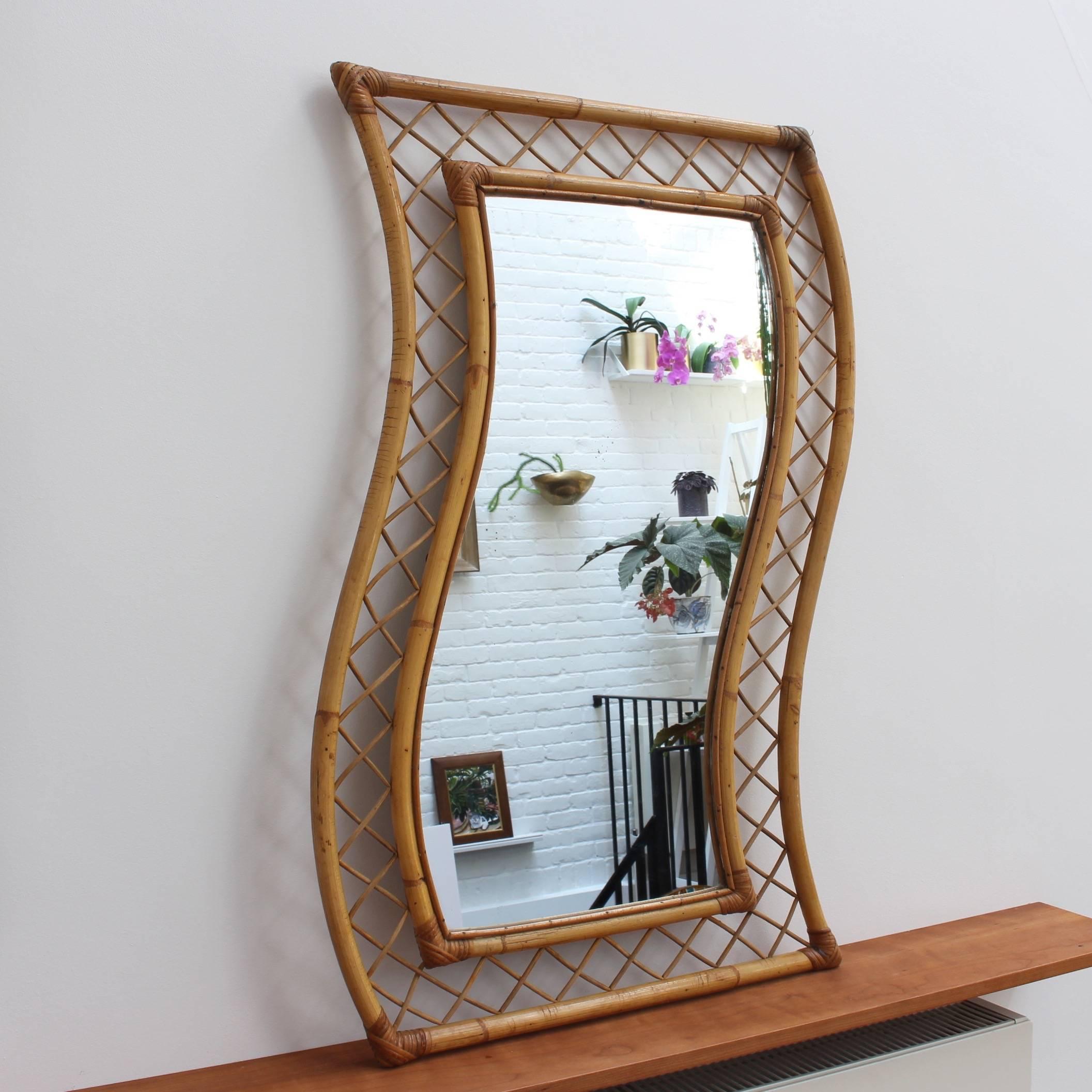 Mid-Century Modern French Bamboo and Rattan Mirror, circa 1950s For Sale