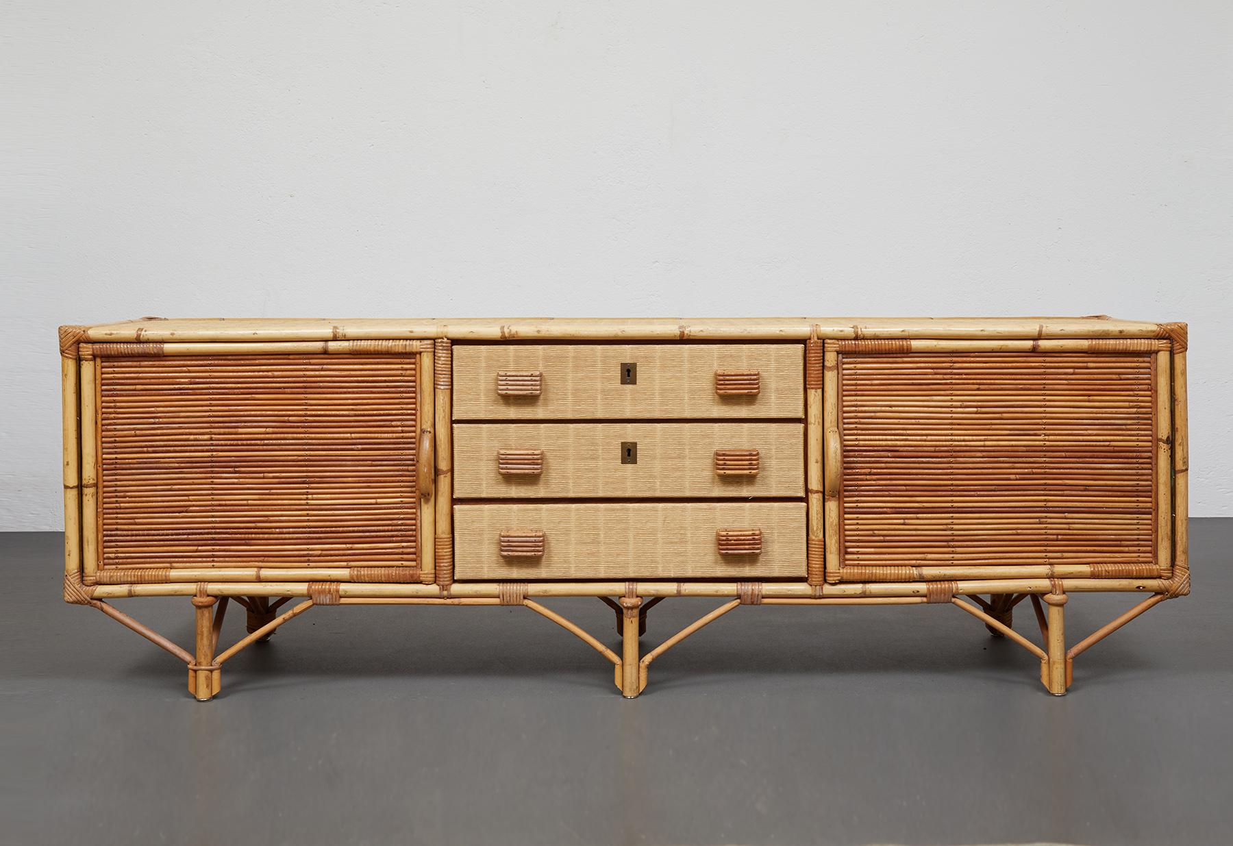 Mid-Century Modern French Bamboo and Rattan Sideboard in the Style of Audoux Minet, France, c.1960