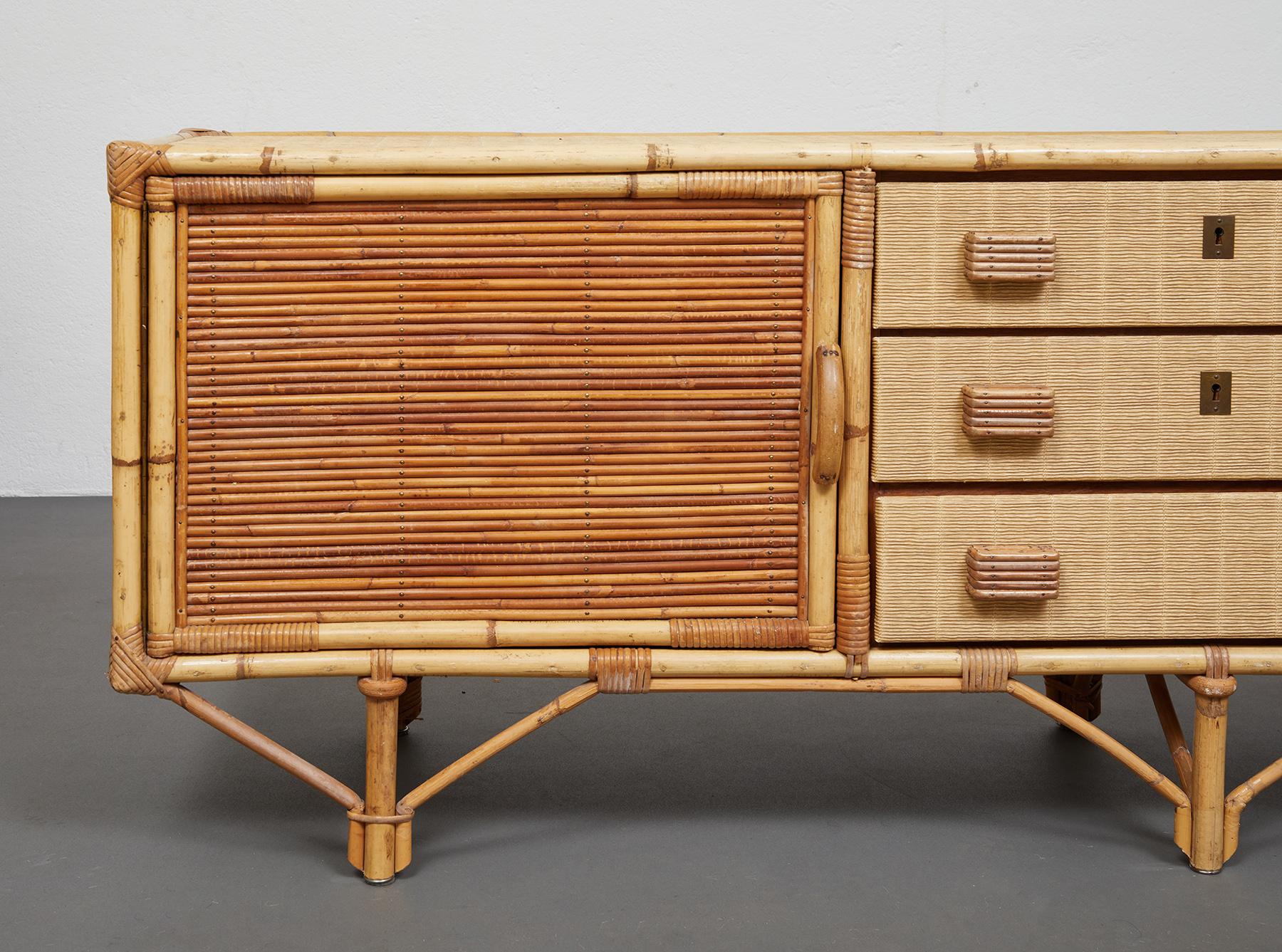 Mid-20th Century French Bamboo and Rattan Sideboard in the Style of Audoux Minet, France, c.1960