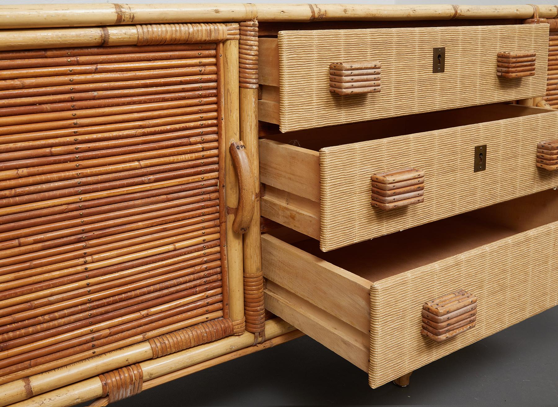 French Bamboo and Rattan Sideboard in the Style of Audoux Minet, France, c.1960 1