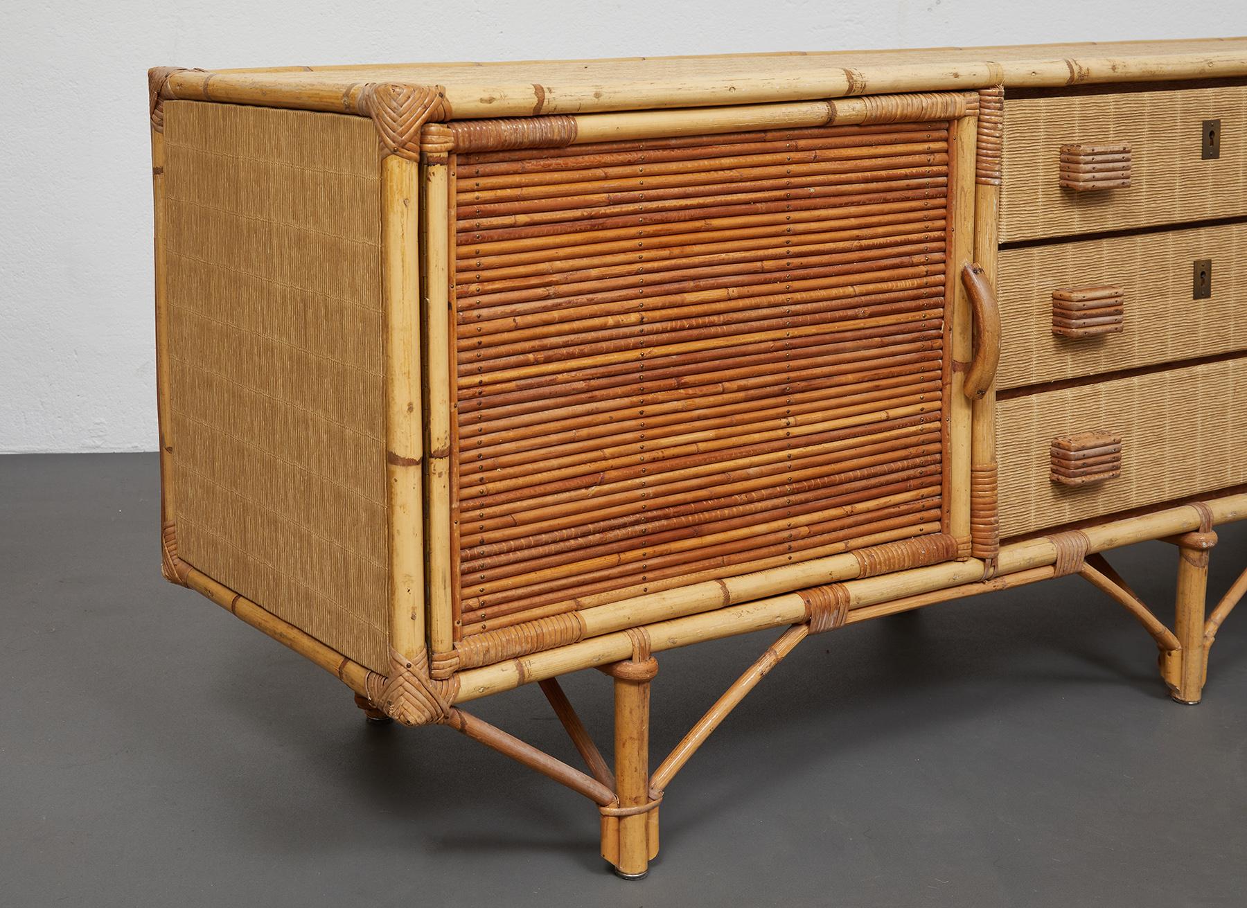 French Bamboo and Rattan Sideboard in the Style of Audoux Minet, France, c.1960 3