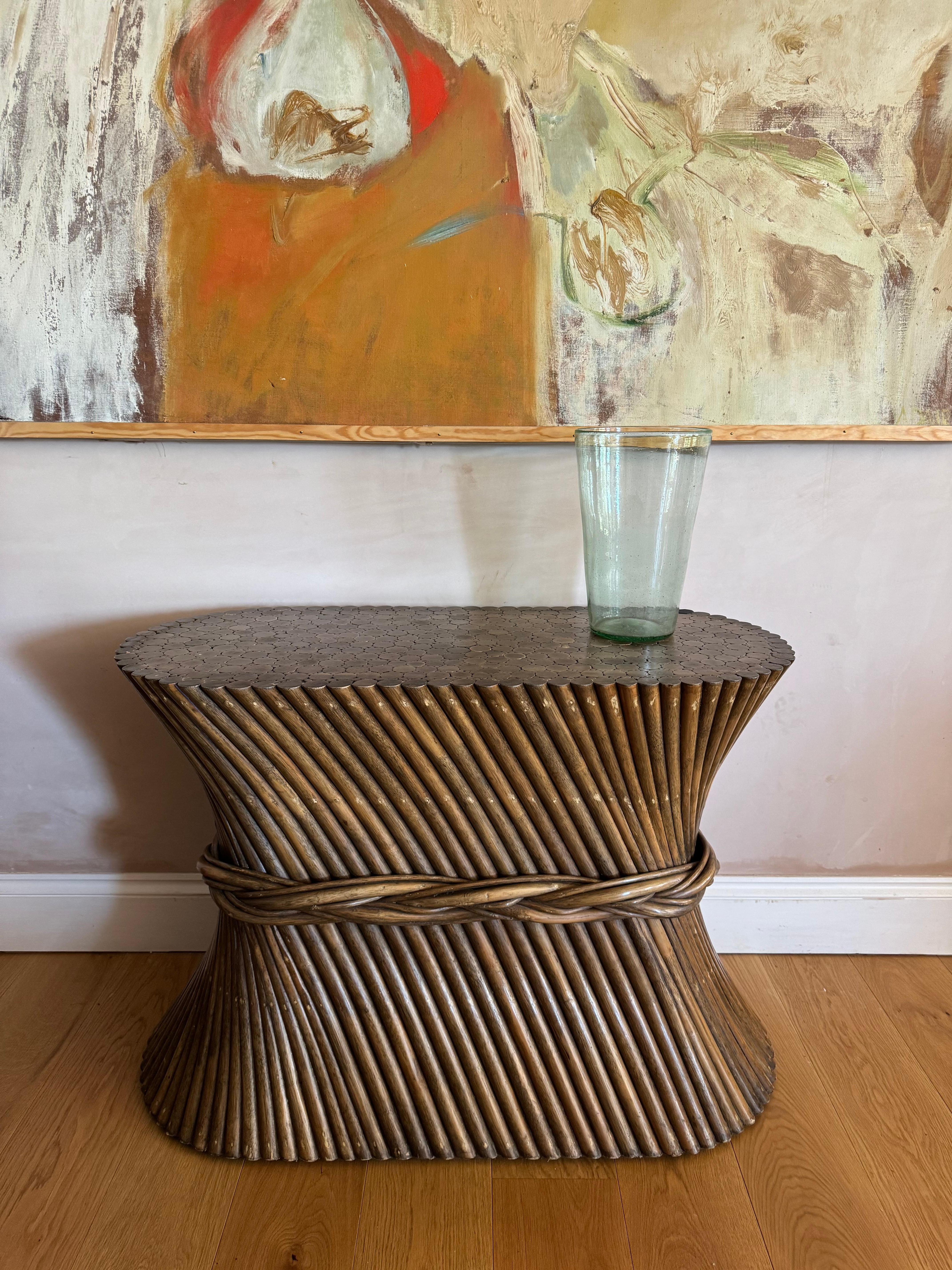 Cross-Banded French bamboo console dining table For Sale