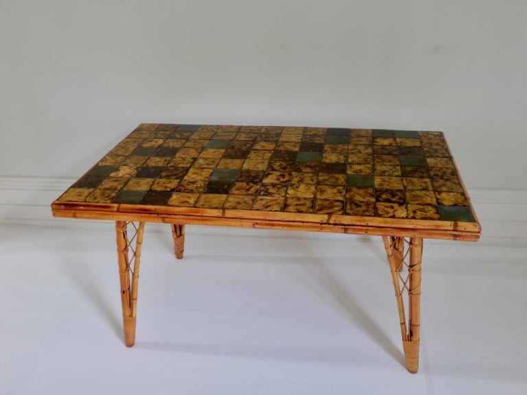 French bamboo dining table with green and yellow brown ceramic tile top, 1950s.