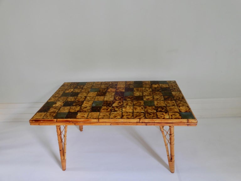 Mid-Century Modern French Bamboo Dining Table with Ceramic Tile Top, 1950s For Sale