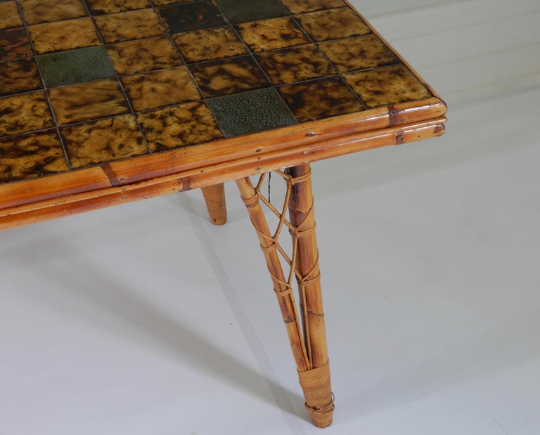 Mid-20th Century French Bamboo Dining Table with Ceramic Tile Top, 1950s For Sale
