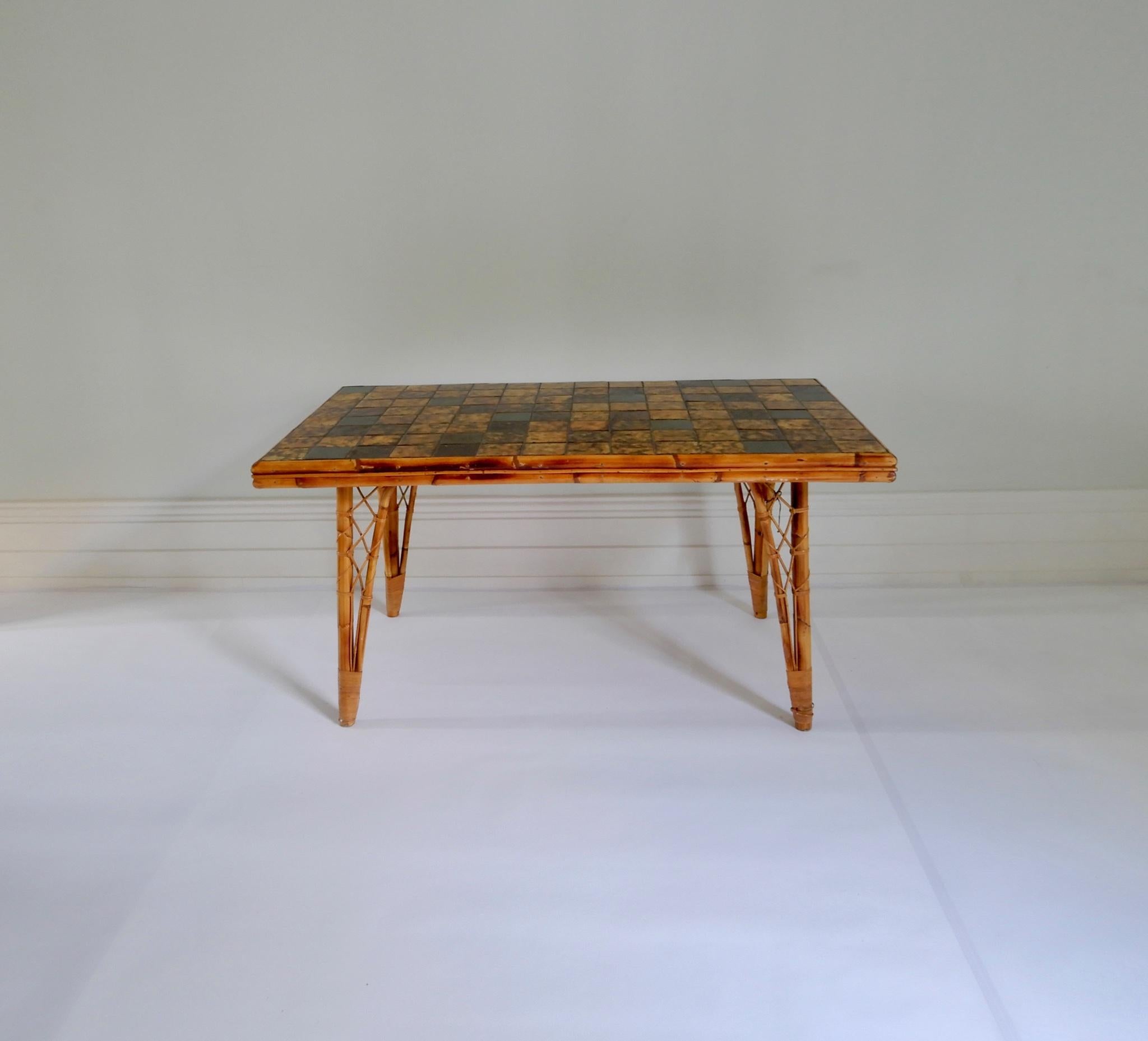 Mid-Century Modern French Bamboo Dining Table with Ceramic Tile Top, 1950s For Sale